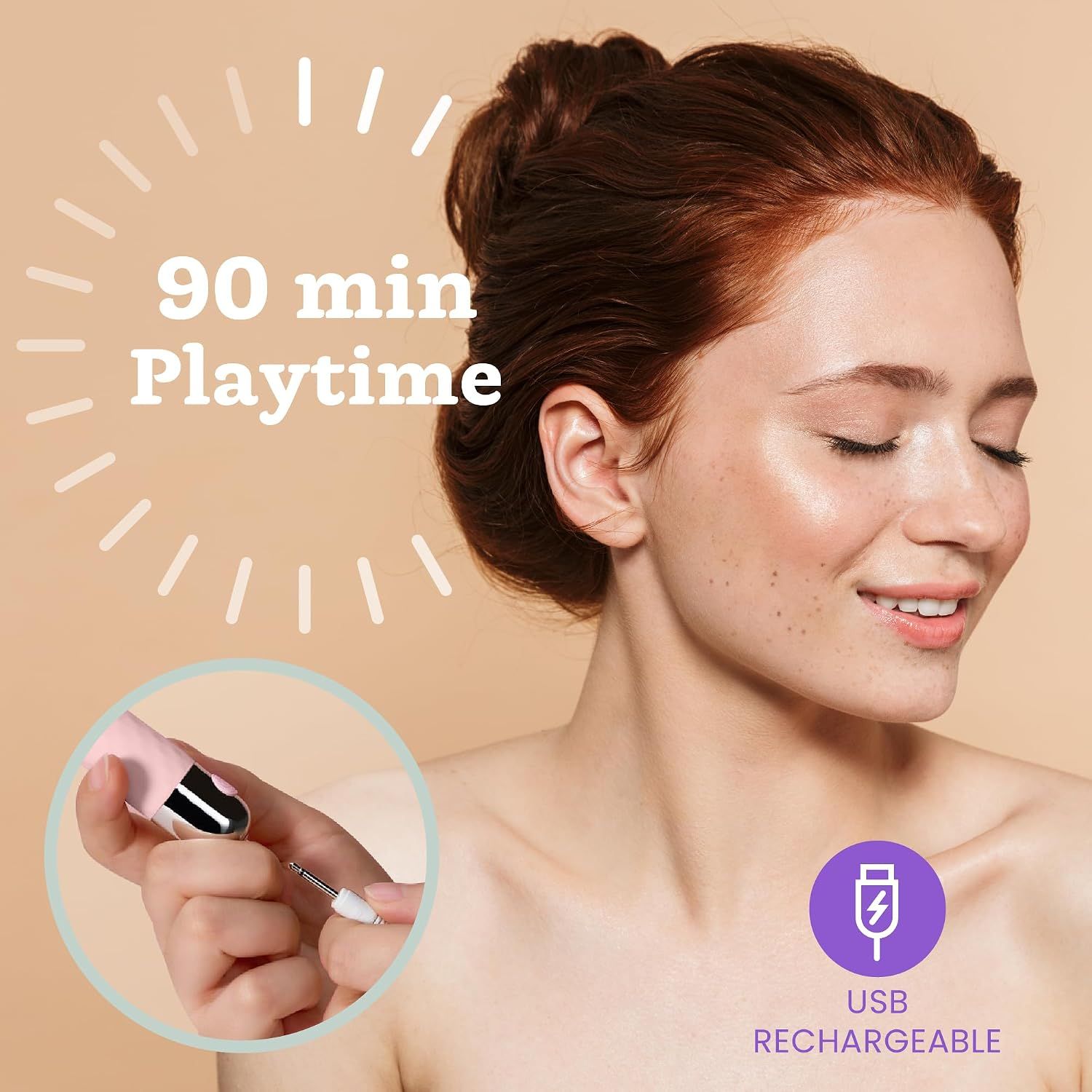 Un appareil rechargeable par USB, rose et argenté, offrant 90 minutes d'autonomie. Gros plan d'un doigt fixant un embout.