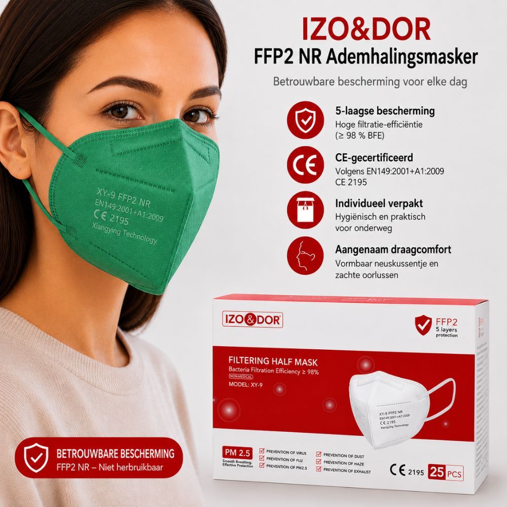 Man draagt groen FFP2-masker. Verpakking ernaast: CE 2195, 5-laagse bescherming, ergonomische pasvorm.