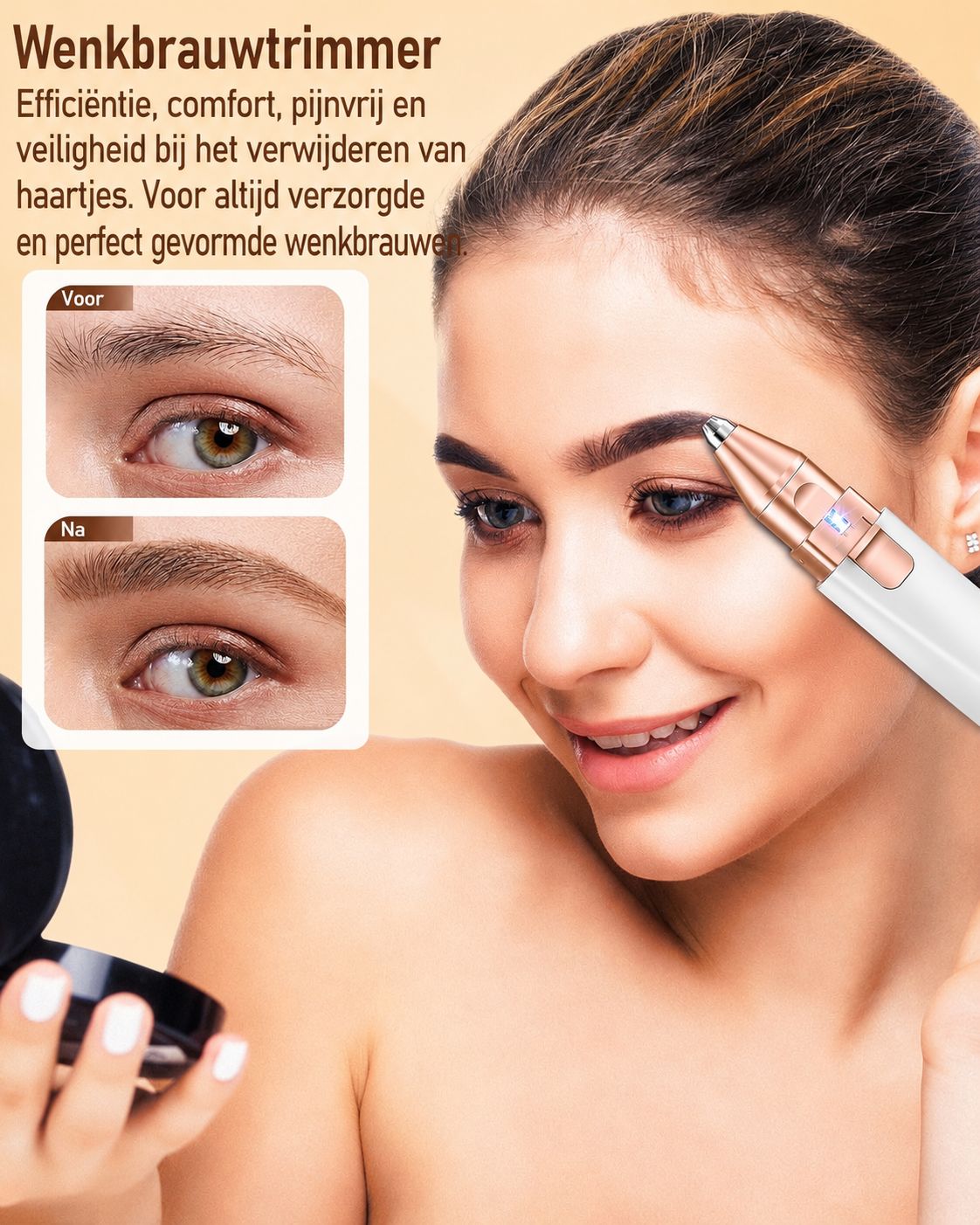 Een vrouw gebruikt een witte en gouden wenkbrauwtrimmer.