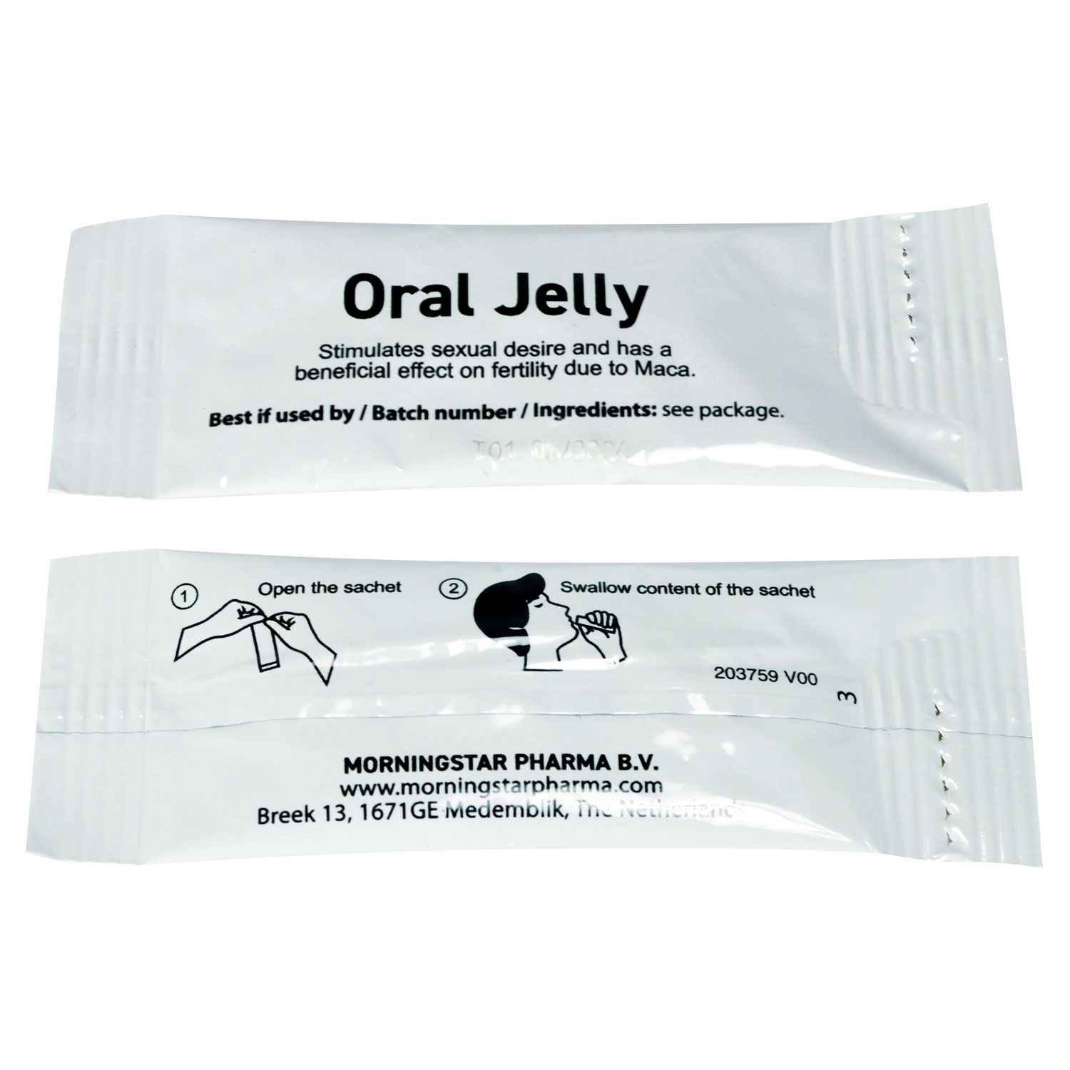 Individuele portie Oral Jelly in een sachet, bestemd voor orale inname.