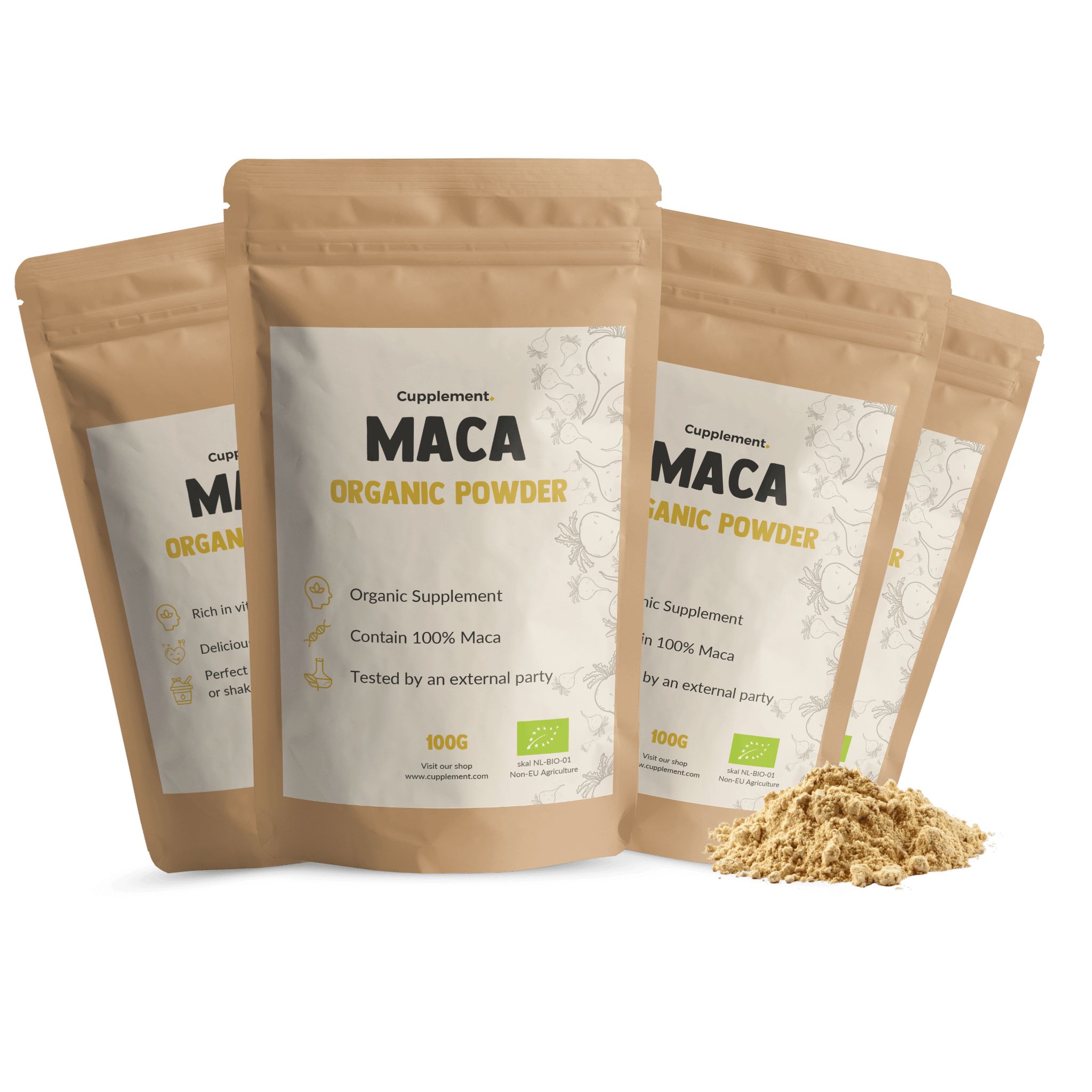 Plusieurs sachets de poudre Cupplement Maca BIO. Sachets bruns avec étiquette blanche. 100g. Label bio.