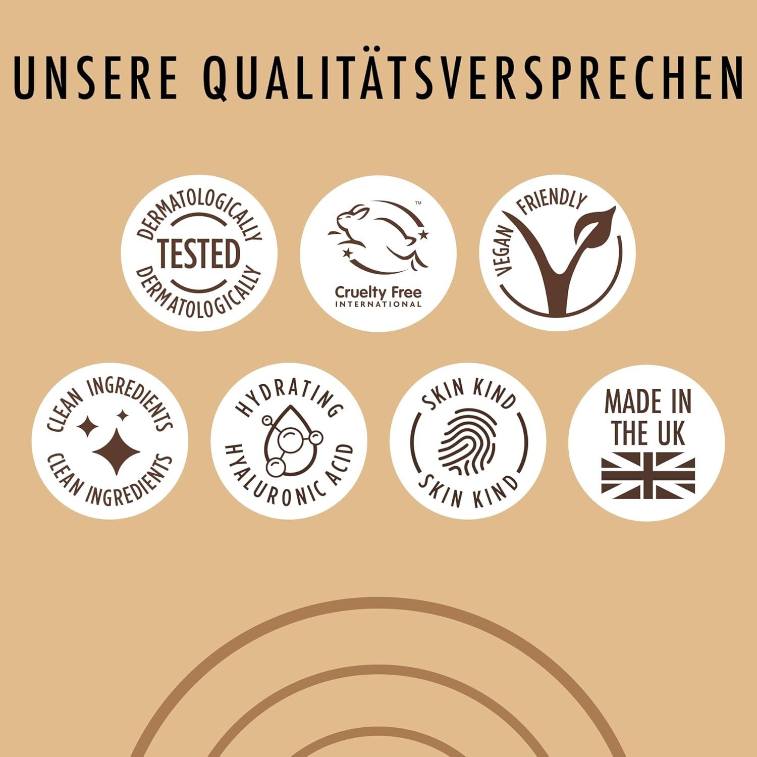Sept logos ronds. Testé dermatologiquement, Cruelty Free, Vegan, Ingrédients propres, Hydratant, Skin Kind, Made in the UK.