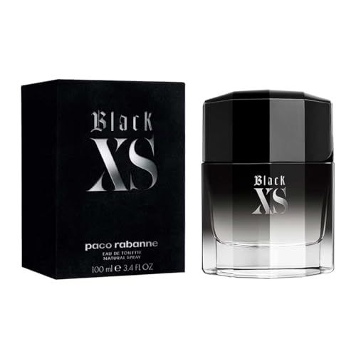 Boîte et flacon noirs. Inscription "Black XS" et "paco rabanne". Flacon avec bouchon noir et dégradé.