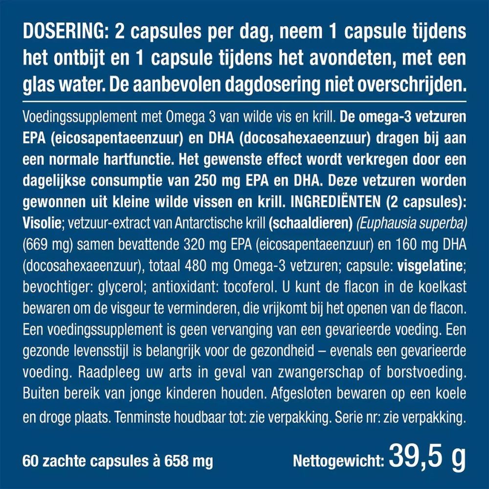 Blauwe infographic met fles Omega-3 capsules. Tekst en iconen over ingrediënten, visserij, certificering.