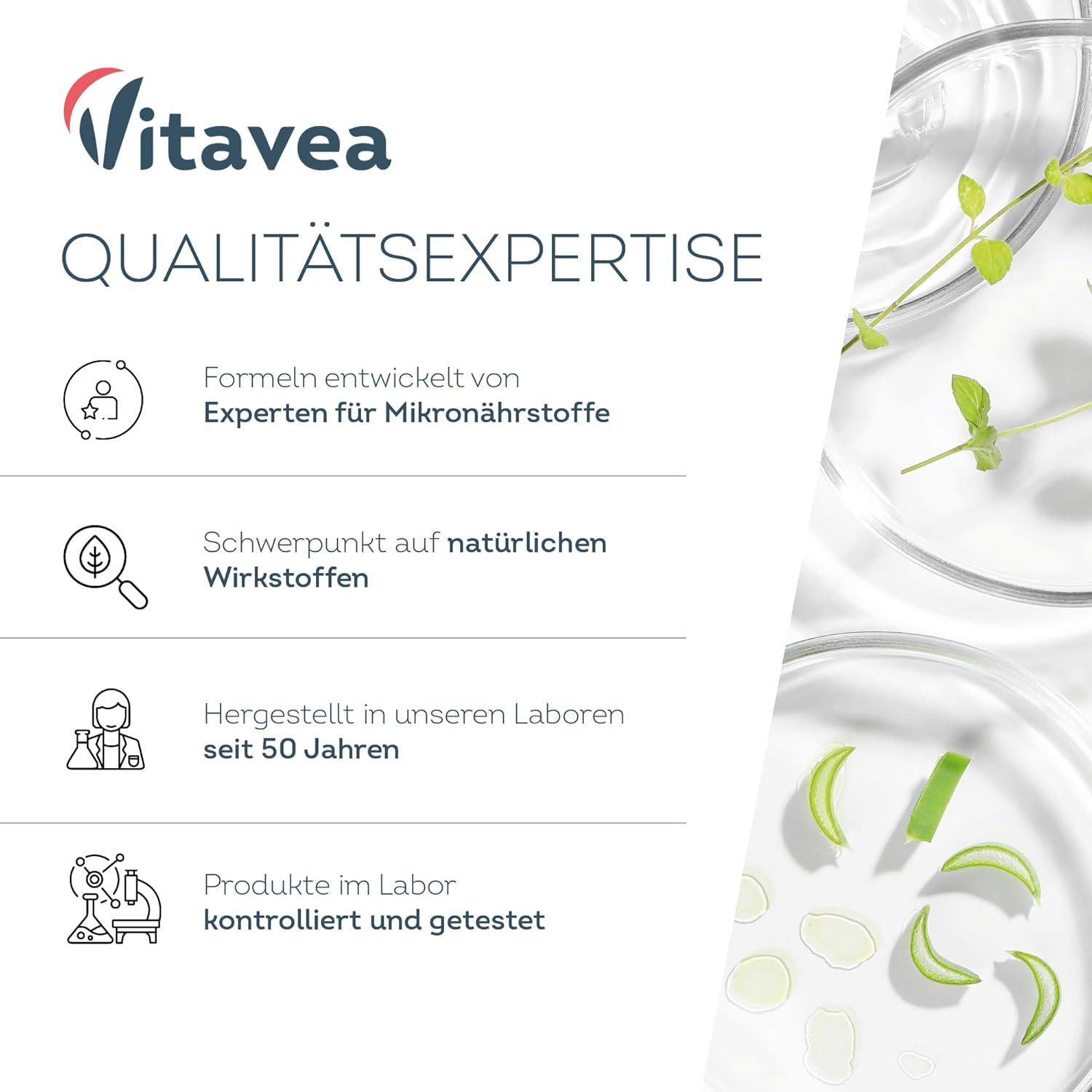 Tekst: Kwaliteitsexpertise. Formules ontwikkeld door experts. Focus op natuurlijke actieve ingrediënten. Al 50 jaar in het lab.