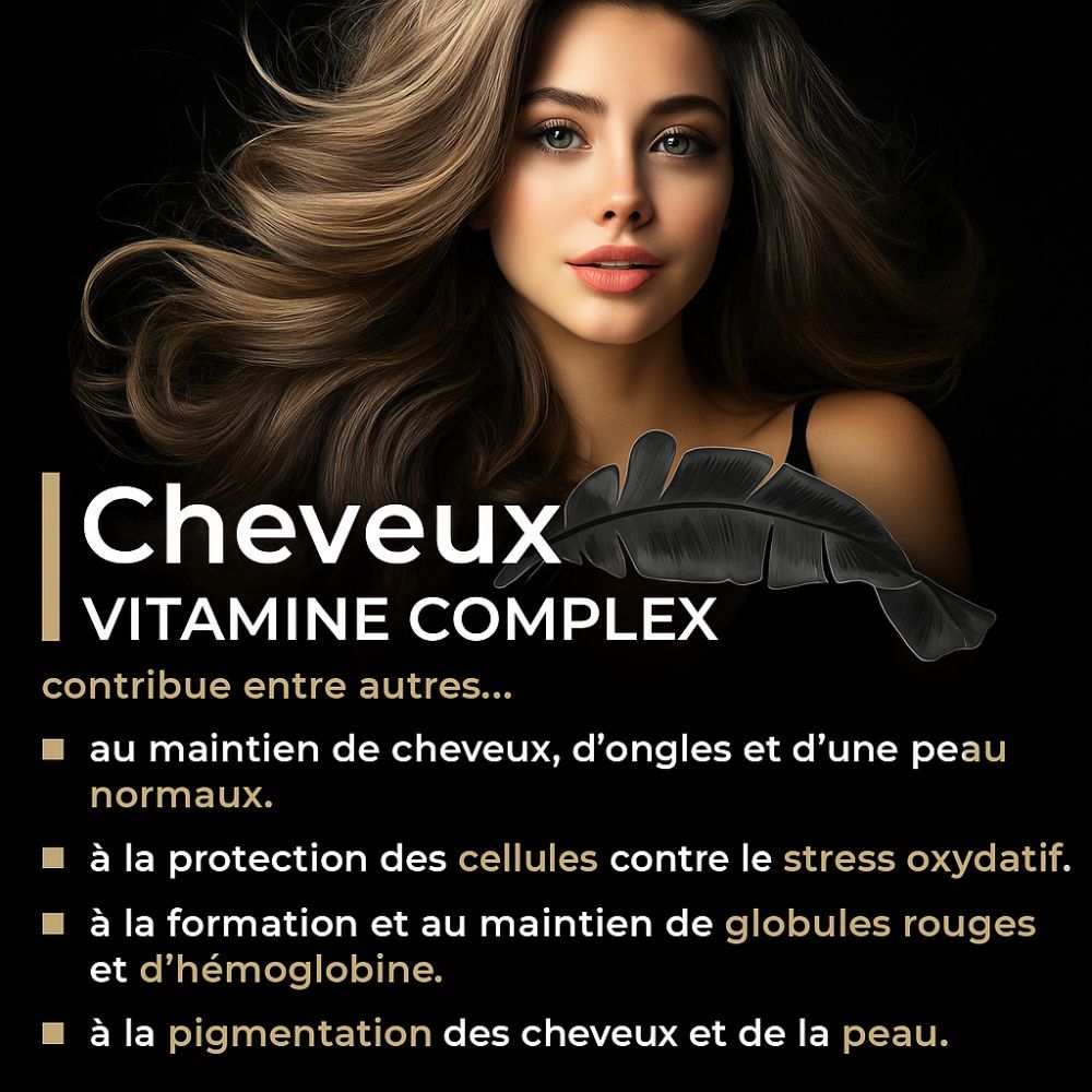 Image publicitaire avec femme. Texte: Cheveux VITAMINE COMPLEX. Contribue entre autres. Fond noir.