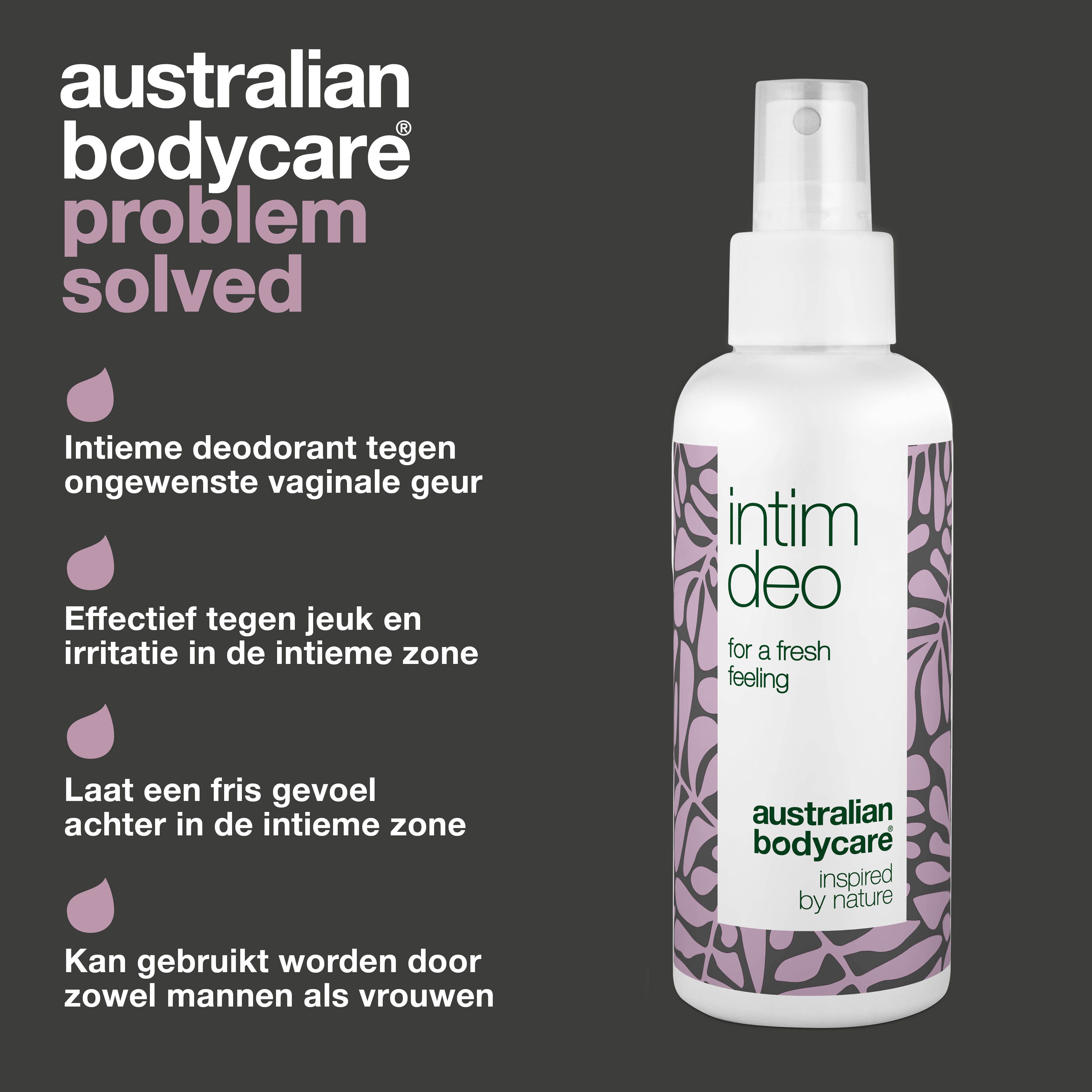 Product- en oplossingsadvertentie. Intieme deo spray. Tekst: Intieme deodorant tegen ongewenste vaginale geur.