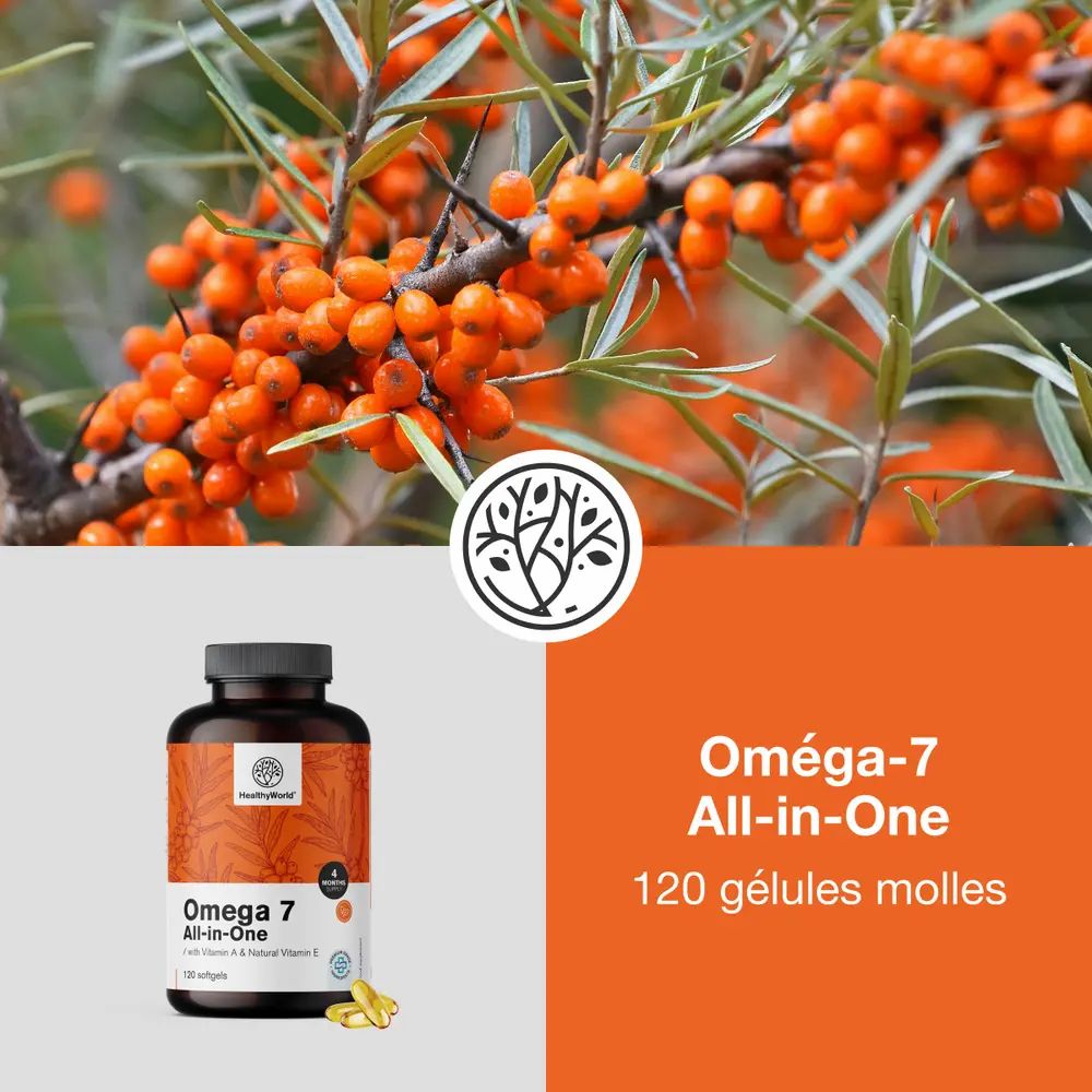 Image du produit Omega-7 All-in-One à côté d'une branche d'argousier. Inscription: HealthyWorld, 120 gélules molles. Avec Vitamine A & E.