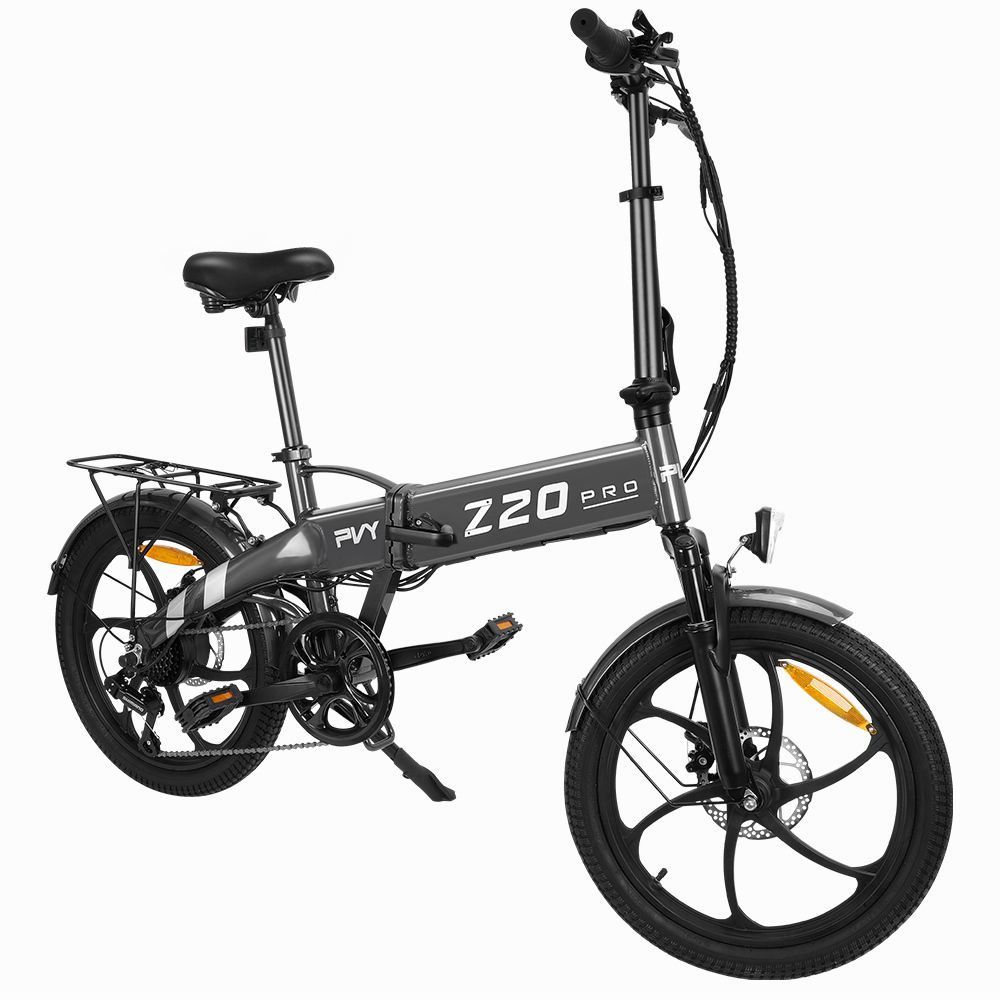 Opvouwbare e-bike PVY Z20 Pro, grijs, met bagagedrager. Shimano 6 versnellingen. Vooraanzicht.
