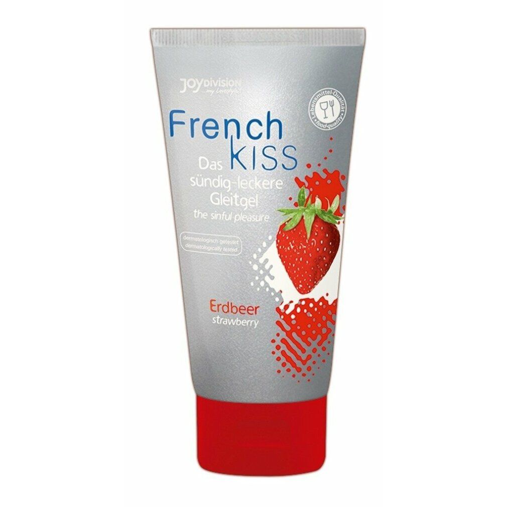 Tube blanc avec bouchon rouge. Inscription: French Kiss, fraise. Illustration d'une fraise.