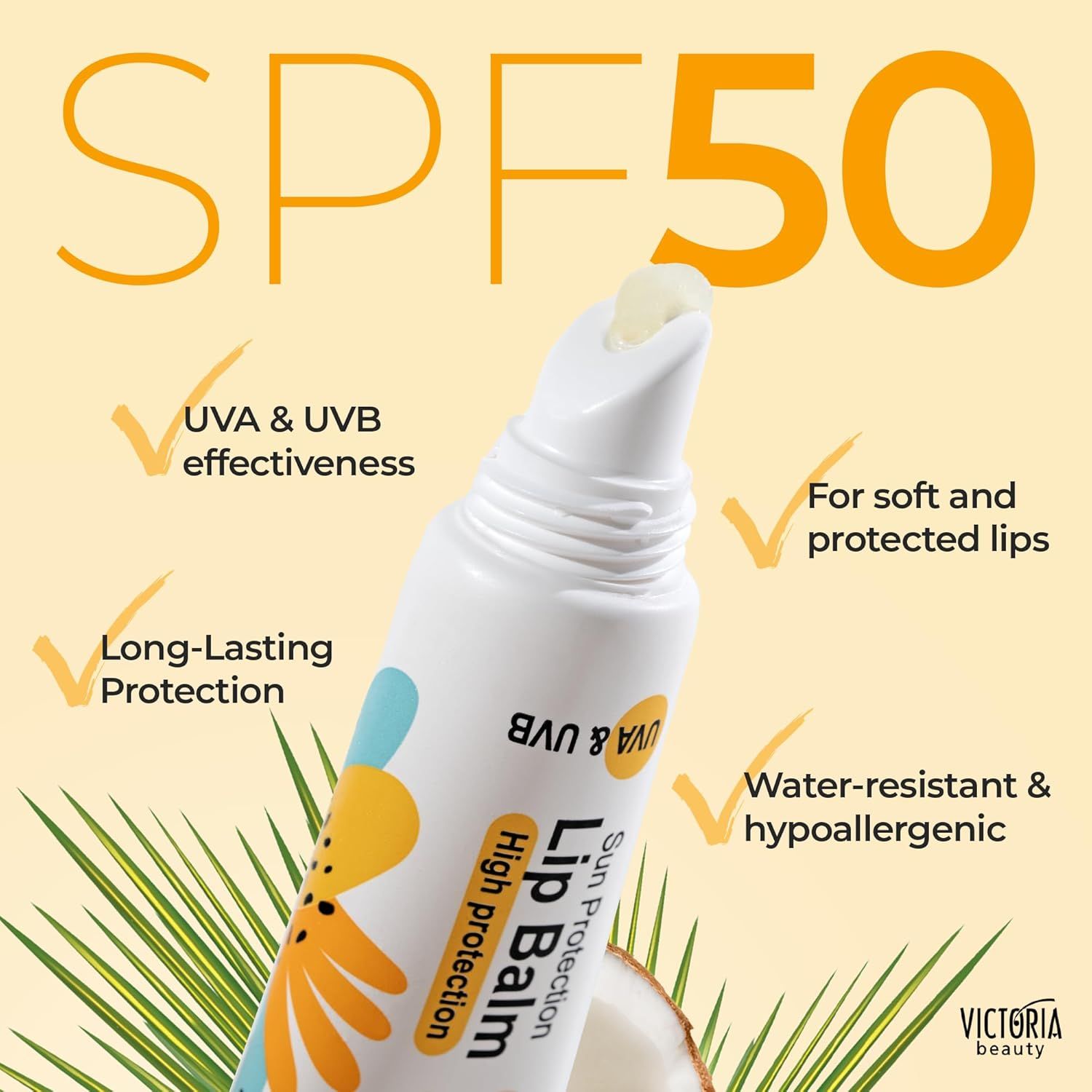 Baume à lèvres FPS 50, protection UVA/UVB, résistant à l'eau et hypoallergénique.