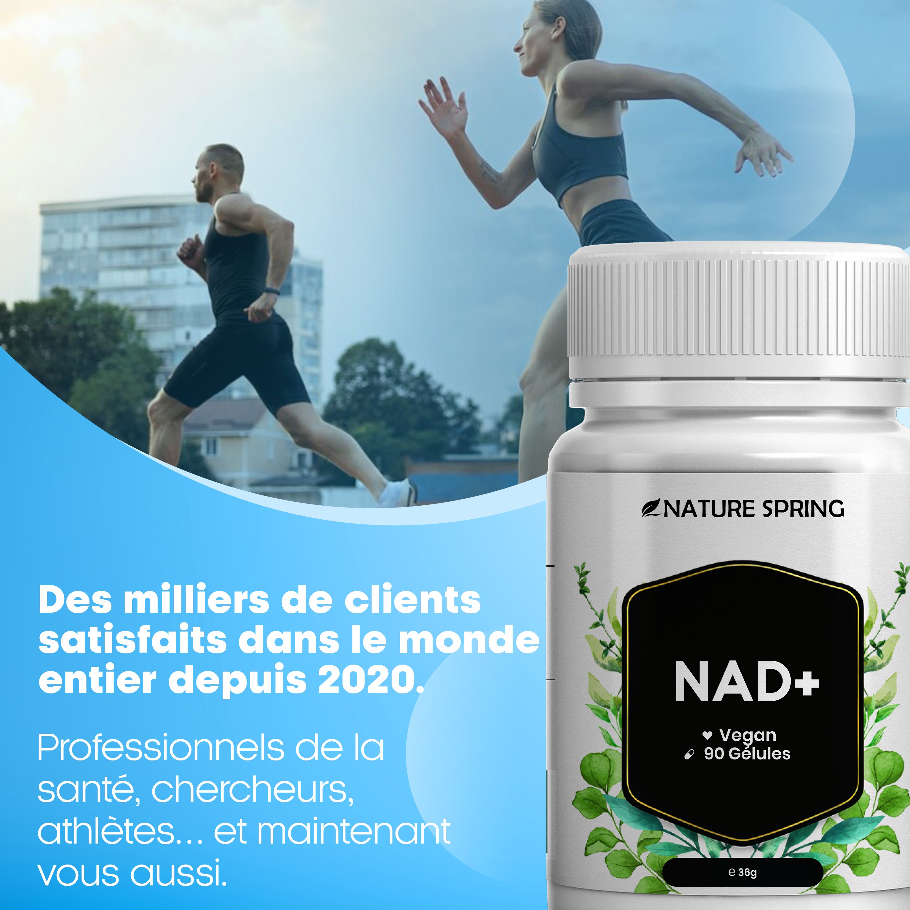 Gélules NAD+ NATURE SPRING : 90 gélules, véganes. Coureurs en arrière-plan.