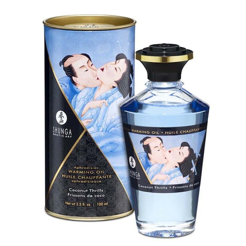 Flacon et boîte cylindrique bleus. Inscription: Shunga, Warming Oil, Coconut Thrills.