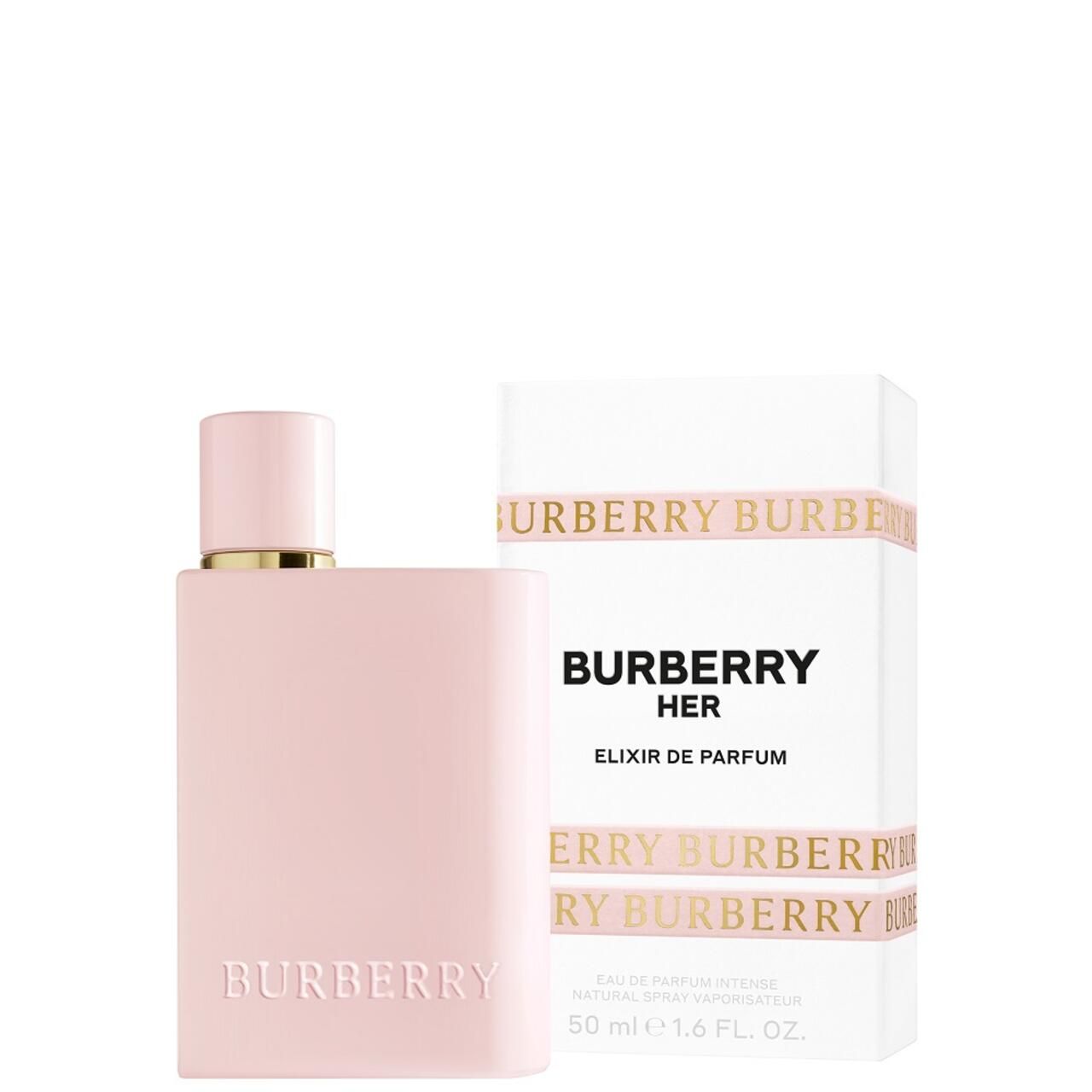 Flacon rose Burberry Her Elixir et emballage. Flacon avec bouchon doré. Emballage avec inscription Burberry.
