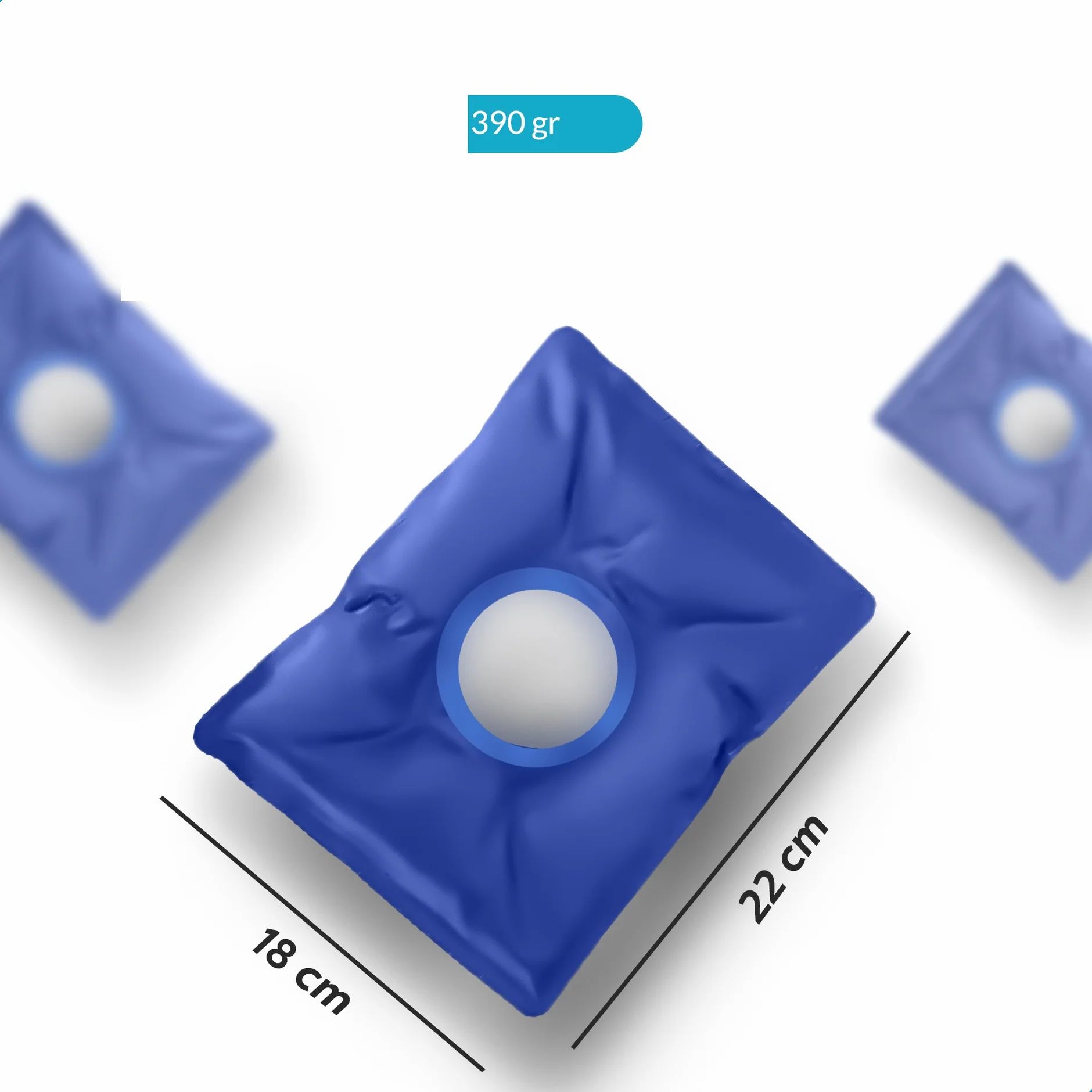 Blauw gelpack met gat, 18x22 cm. Boven: 390 gr. Drie gelpacks op witte achtergrond.