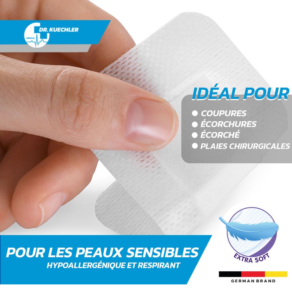 Pansement. Pour peaux sensibles. Hypoallergénique et respirant. Marque: Dr. Kuechler. Doux.