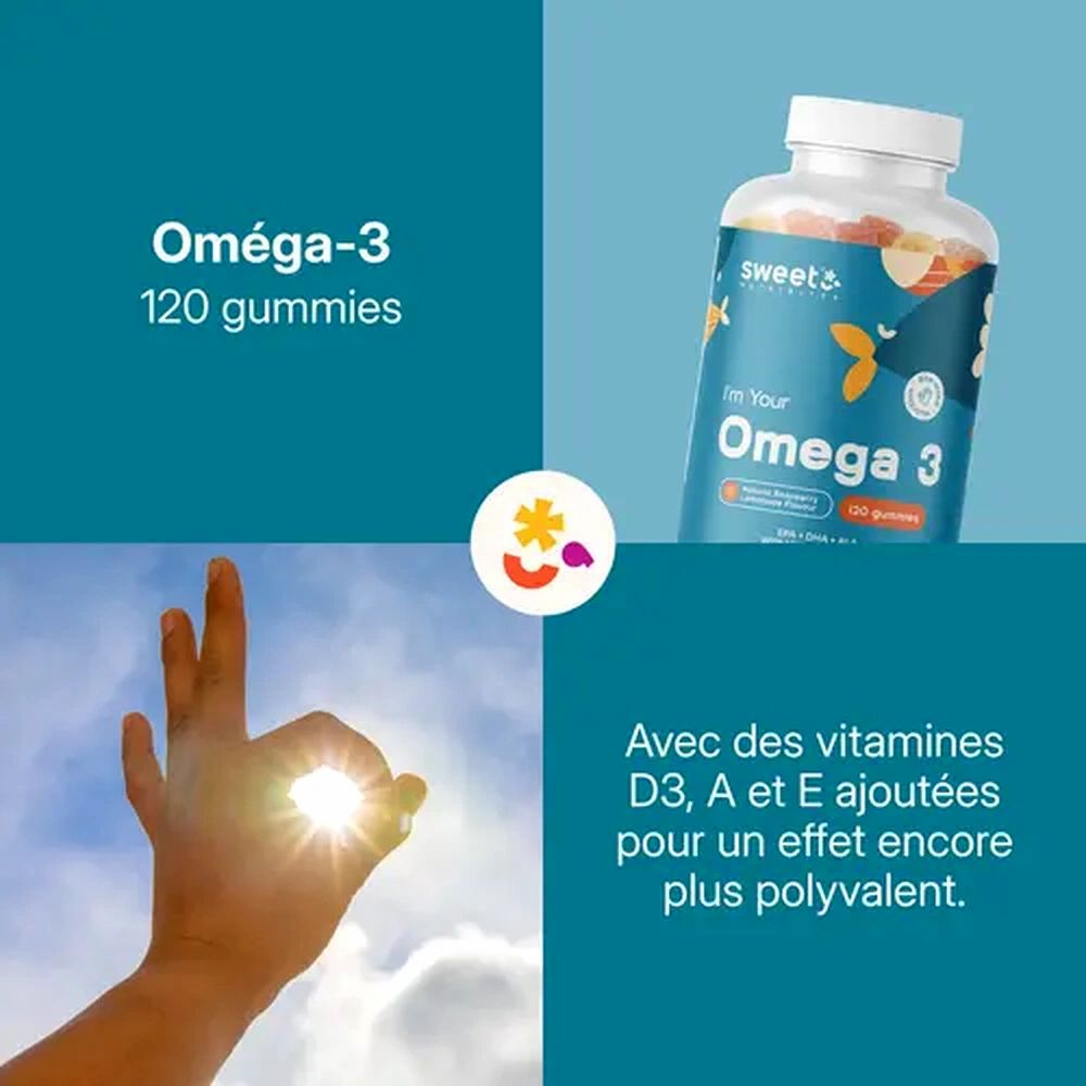 Flacon de gummies Oméga-3. Texte: Oméga-3, 120 gummies. Main formant un cercle. Texte: Avec vitamines D3, A et E.