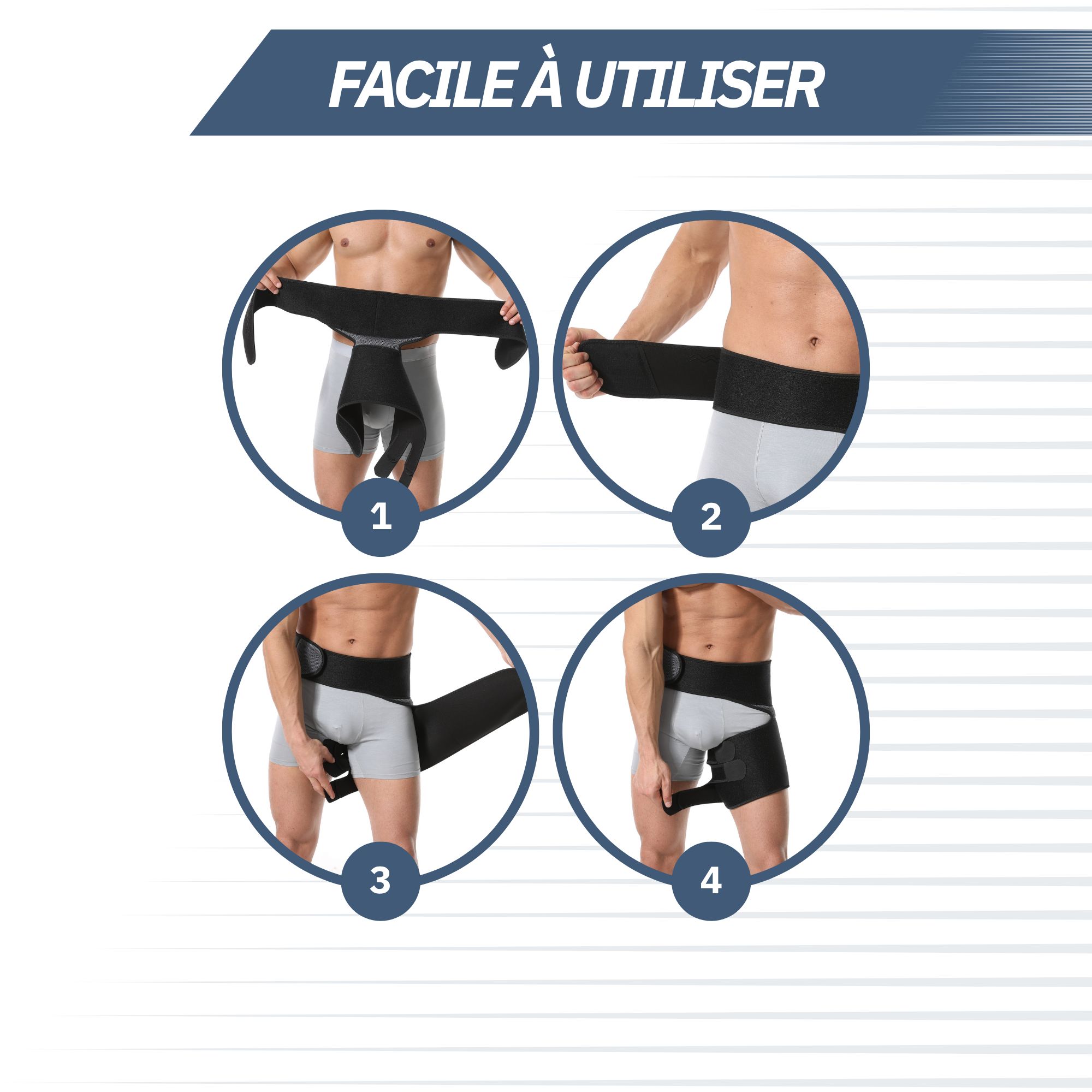 Ceinture de soutien noire pour hanche et cuisse, vue de face.