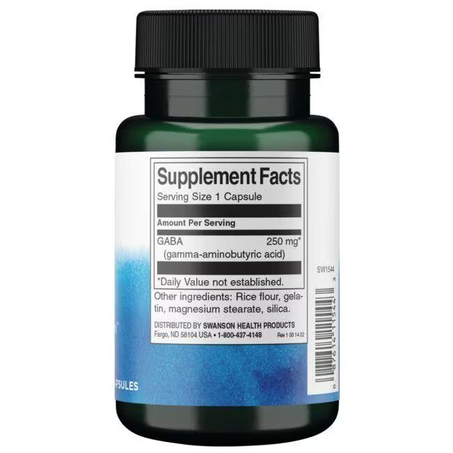 Dos d'une bouteille verte. Étiquette blanche avec informations nutritionnelles. Contient GABA (250 mg).