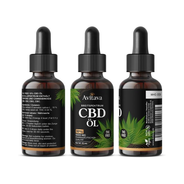 Drie Avitava CBD olie flessen met druppelaar. Breed spectrum, THC-vrij, 1000 mg, 10%. Donker glas.