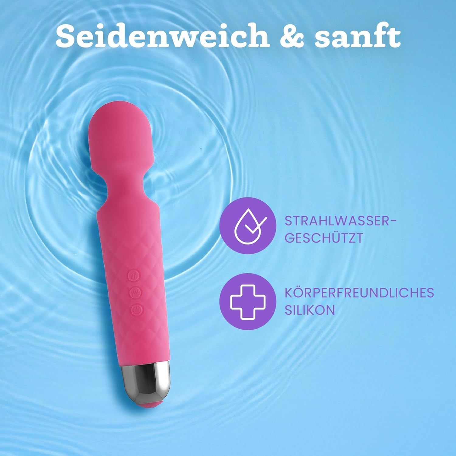 Vibrateur rose dans l'eau. Résistant aux jets d'eau, en silicone doux pour le corps.