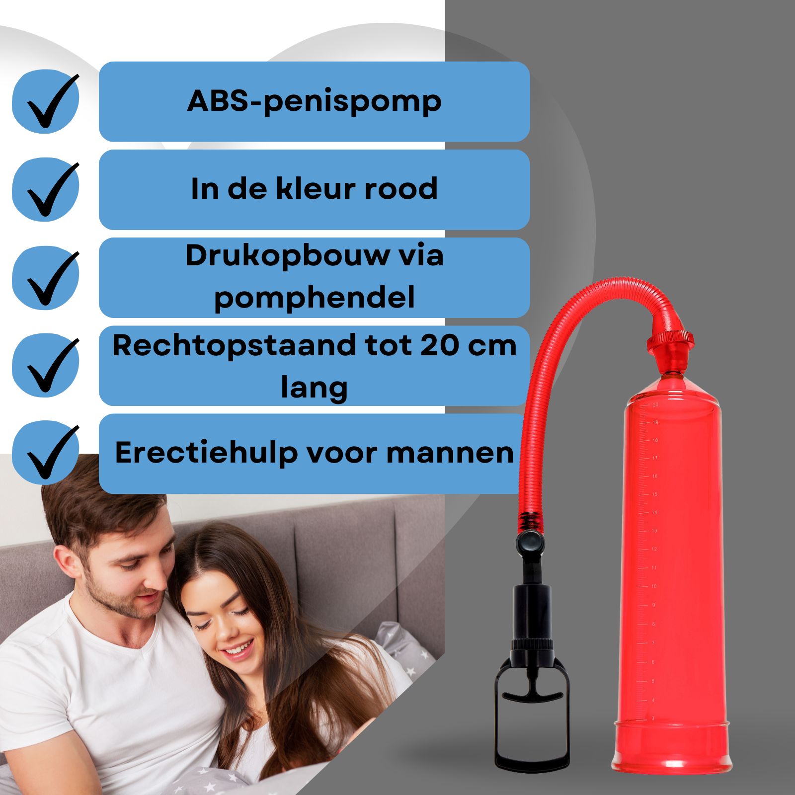 Rode penis pomp met pompbal. Paar in bed. Tekst: ABS-penispomp, rood.
