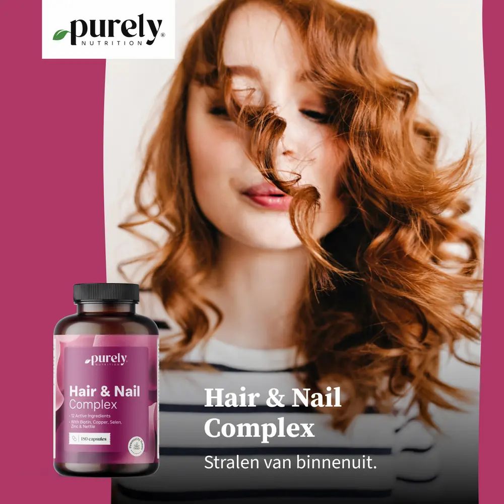 Een fles Purely Nutrition Hair & Nail Complex met 60 capsules.