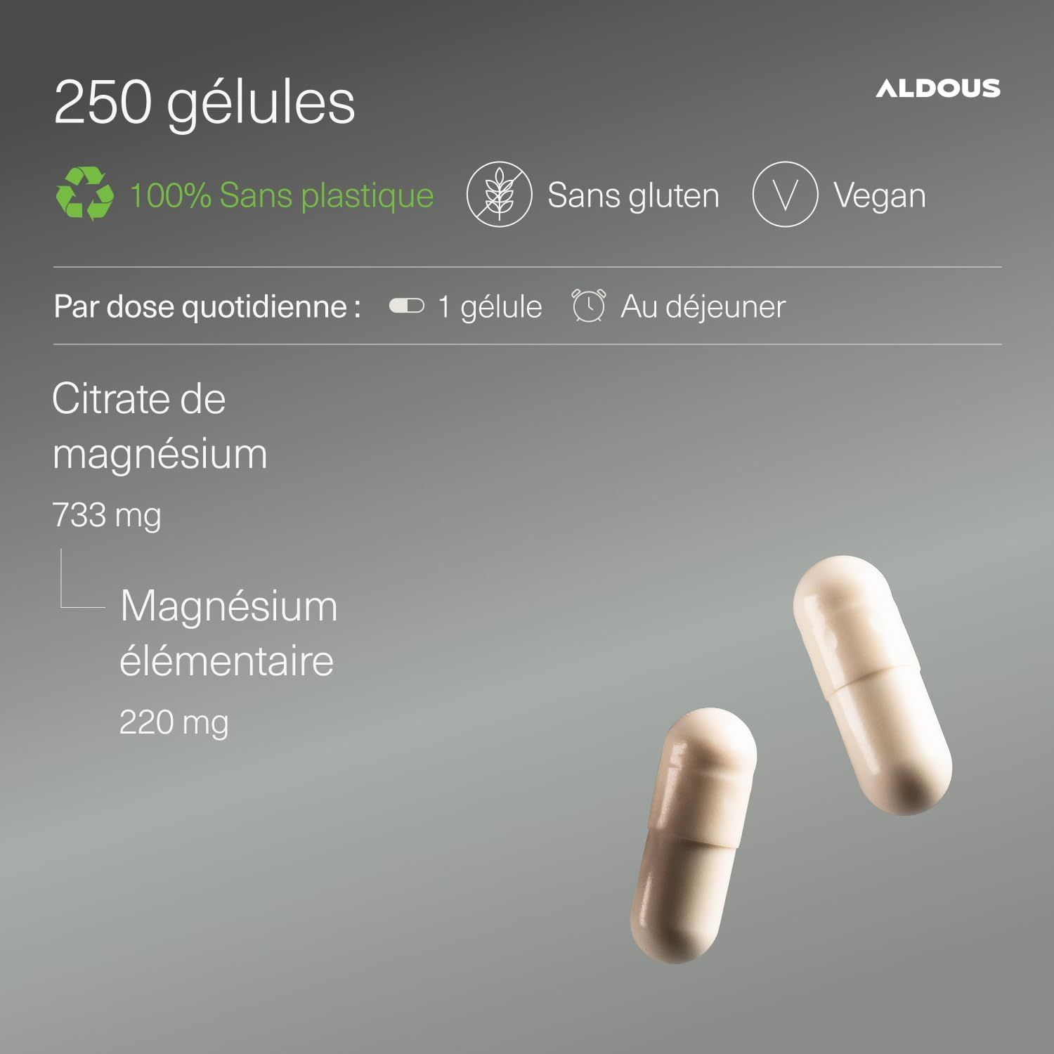 Deux gélules couleur crème, dont une légèrement inclinée. Informations sur le citrate de magnésium et la posologie.