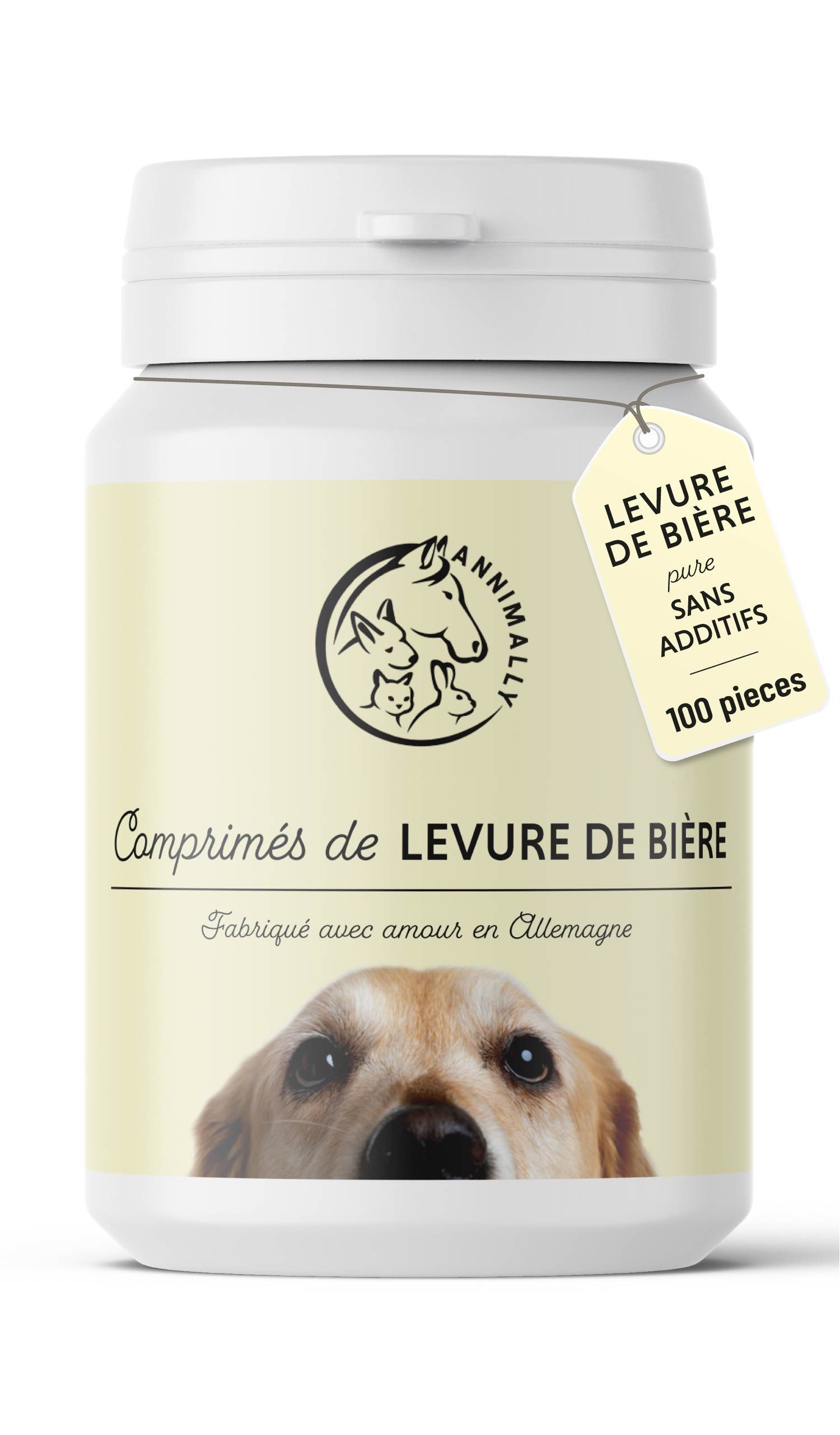 Boîte blanche avec comprimés. Inscription : Levure de Bière. 100 pièces. Sans additifs. Image de chien.