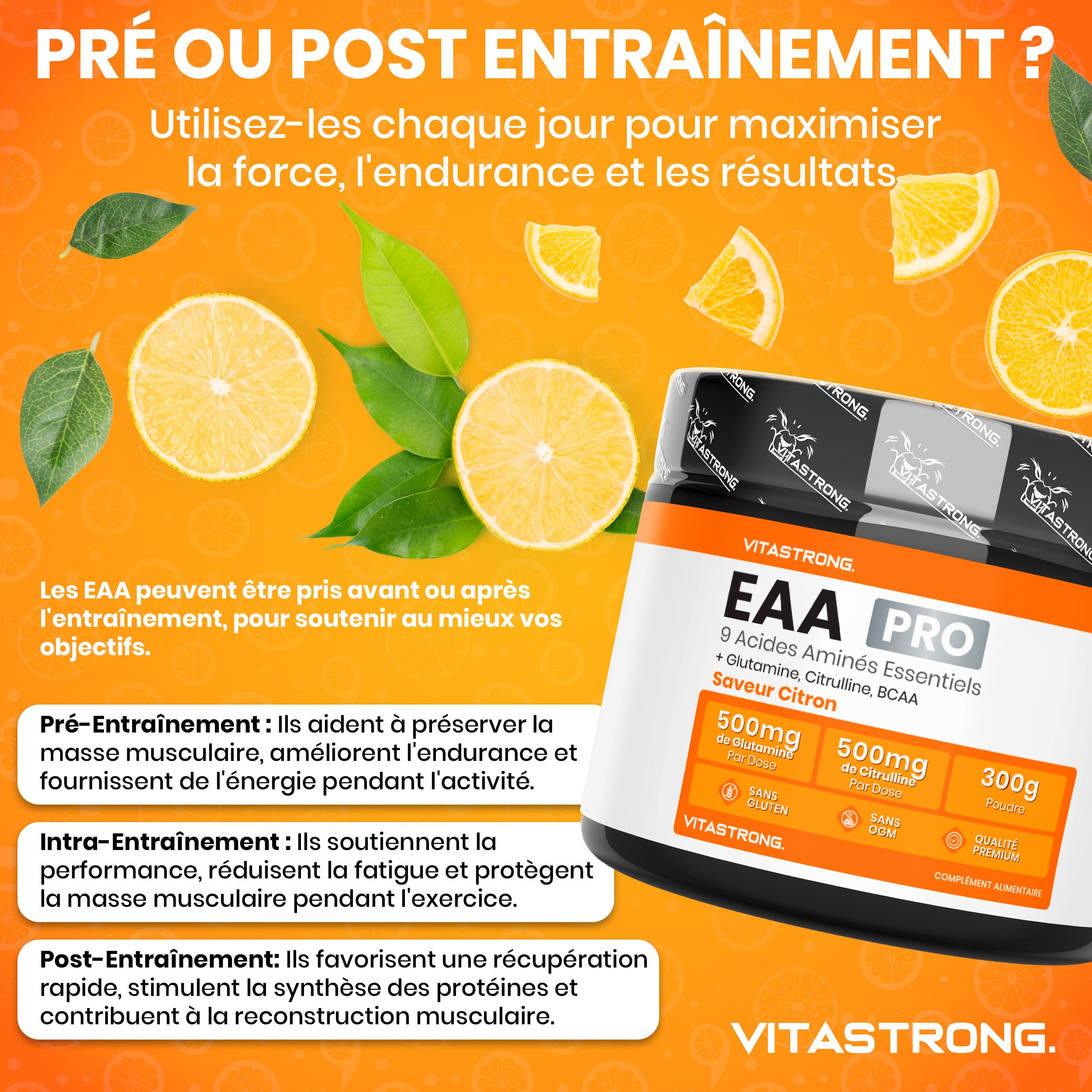 Vitastrong EAA Pro pot, citroenen. Tekst: EAA Pro, 9 essentiële aminozuren, citroen. PRE OF POST WORKOUT? Kracht, uithoudingsvermogen, resultaten.