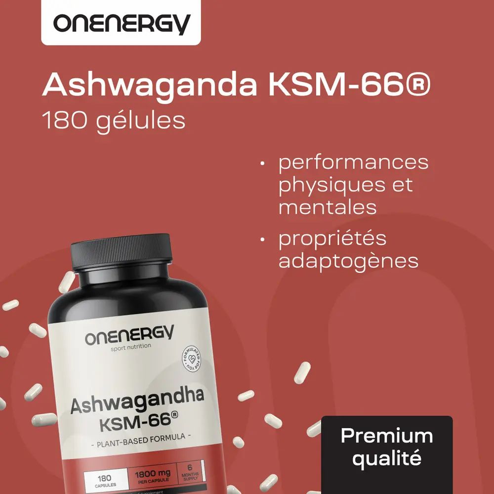 Flacon Ashwagandha KSM-66. 180 gélules. Texte: performances physiques et mentales, propriétés adaptogènes.