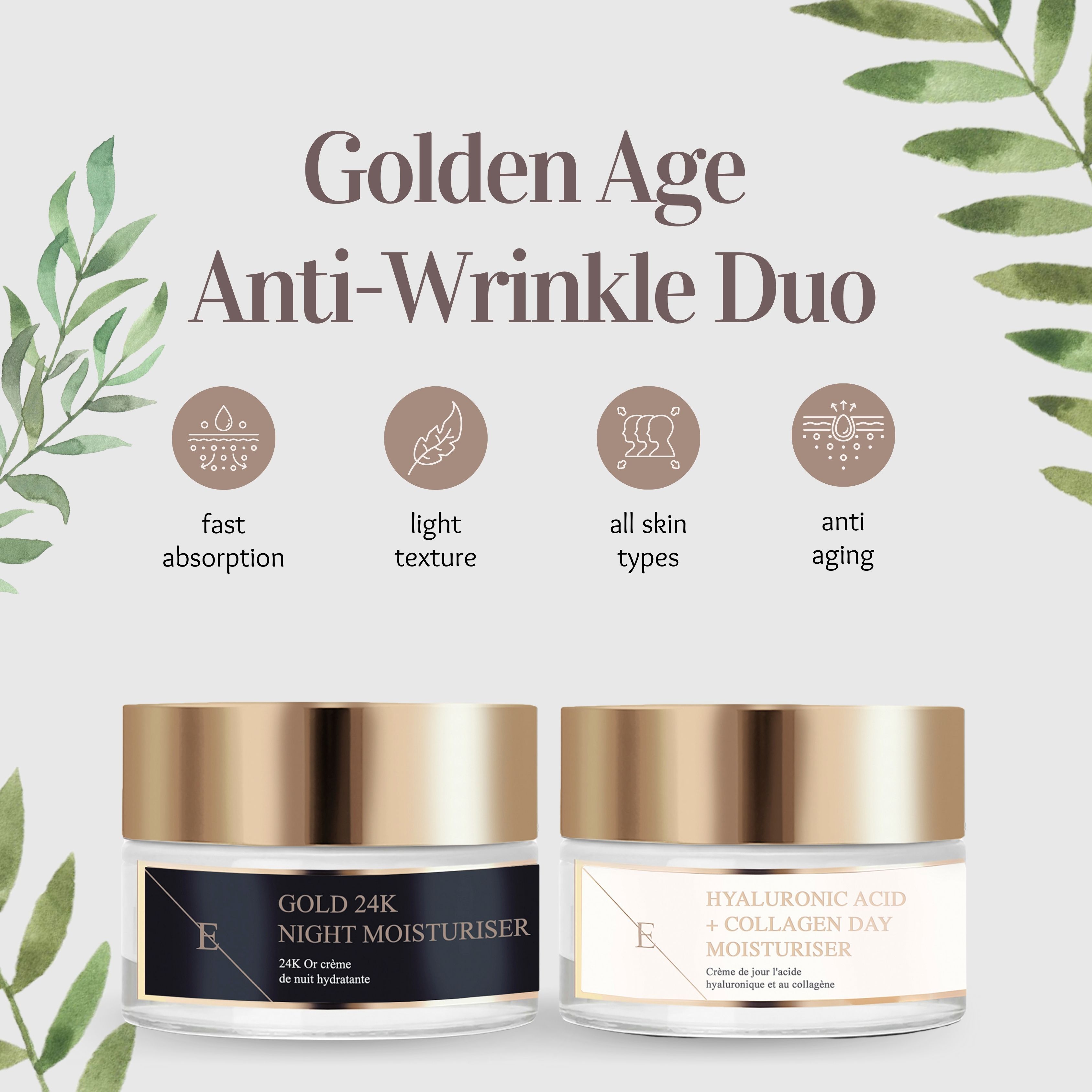 Deux pots de crème avec couvercles dorés. À gauche : Gold 24K Night Moisturiser. À droite : Hyaluronic Acid + Collagen Day Moisturiser. Texte : Golden Age Anti-Wrinkle Duo.