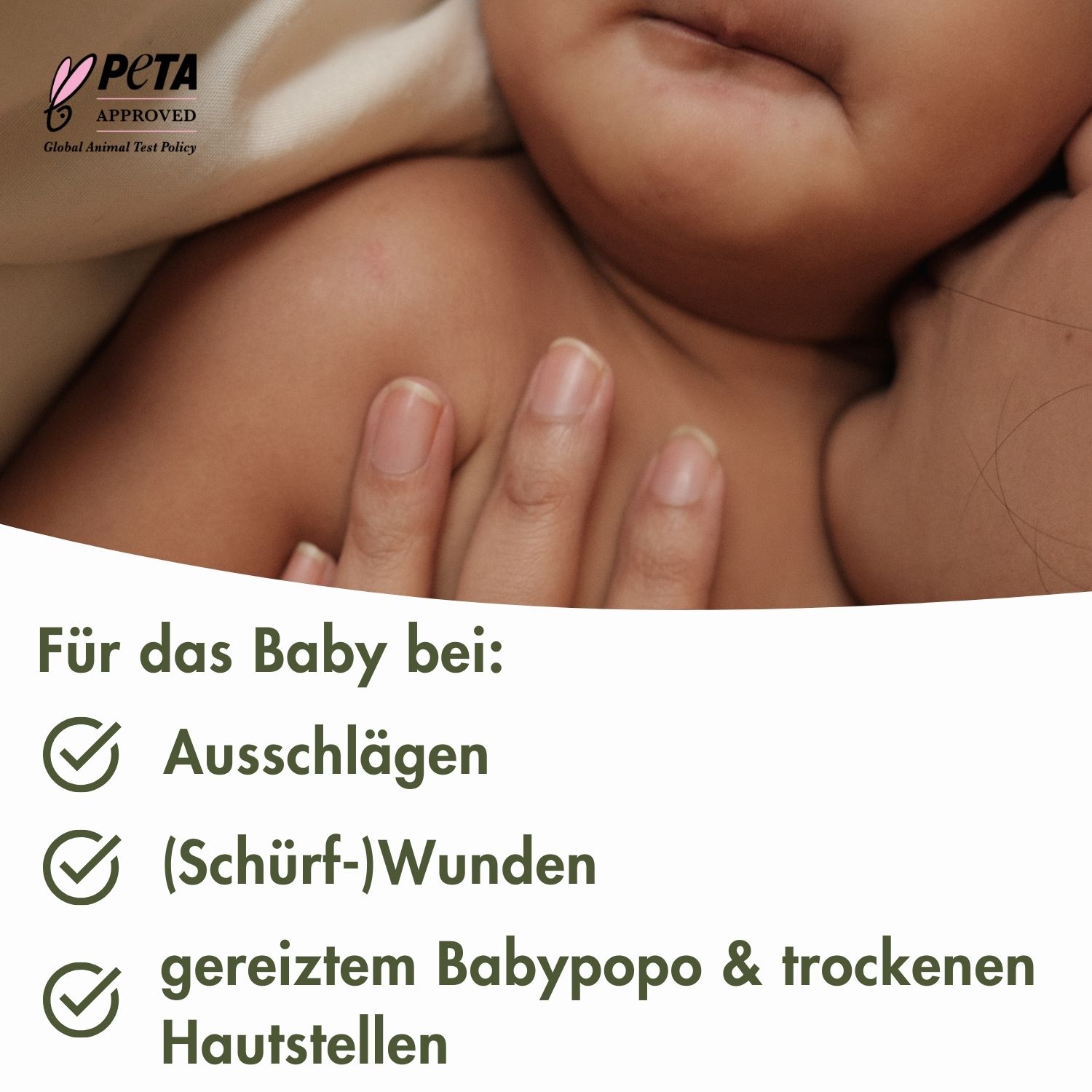Babybuik. Tekst: Voor baby bij: uitslag, wonden, geïrriteerde babybil. PETA-keurmerk.