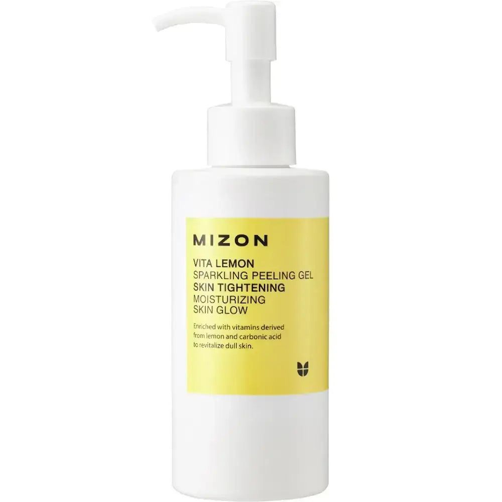 Witte fles met geel etiket. MIZON Vita Lemon Sparkling Peeling Gel. Productinformatie. Dispenserkop.