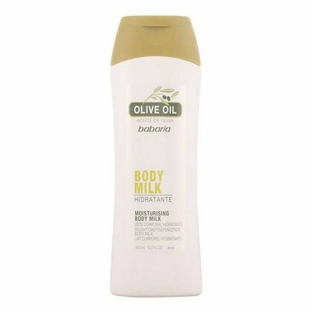 Wit-beige fles met groene dop. Opschrift: Olive Oil, Babaria, Body Milk, Hidratante. Productnaam en merk zichtbaar.