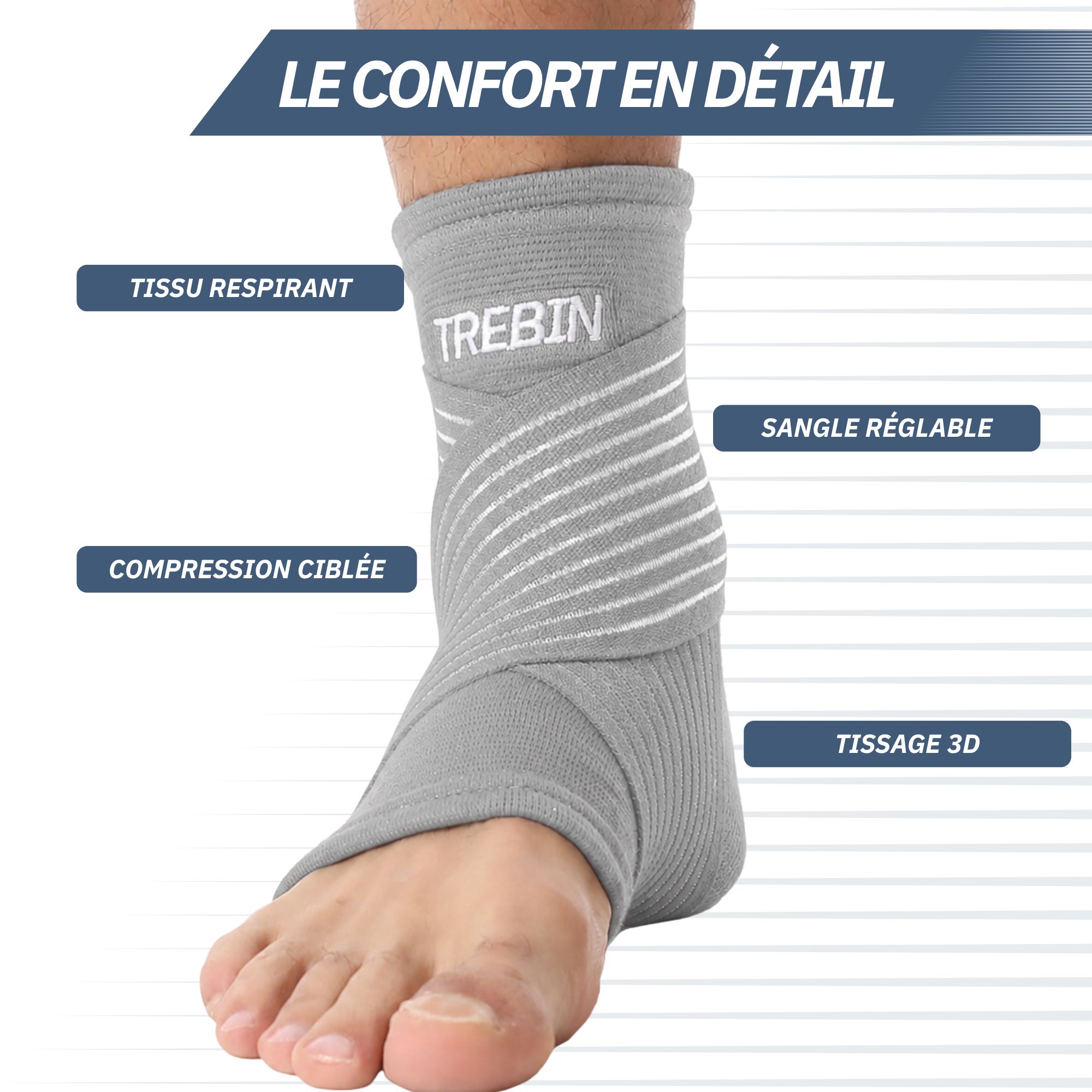 Chevillère de compression grise TREBIN avec sangle réglable et compression ciblée.