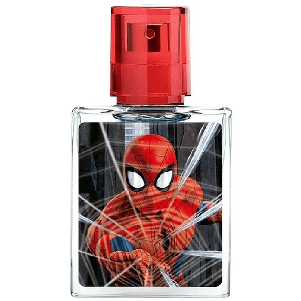 Rechthoekige fles Eau de Toilette met Spider-Man. Rode sproeikop. Spider-Man illustratie op de voorkant.