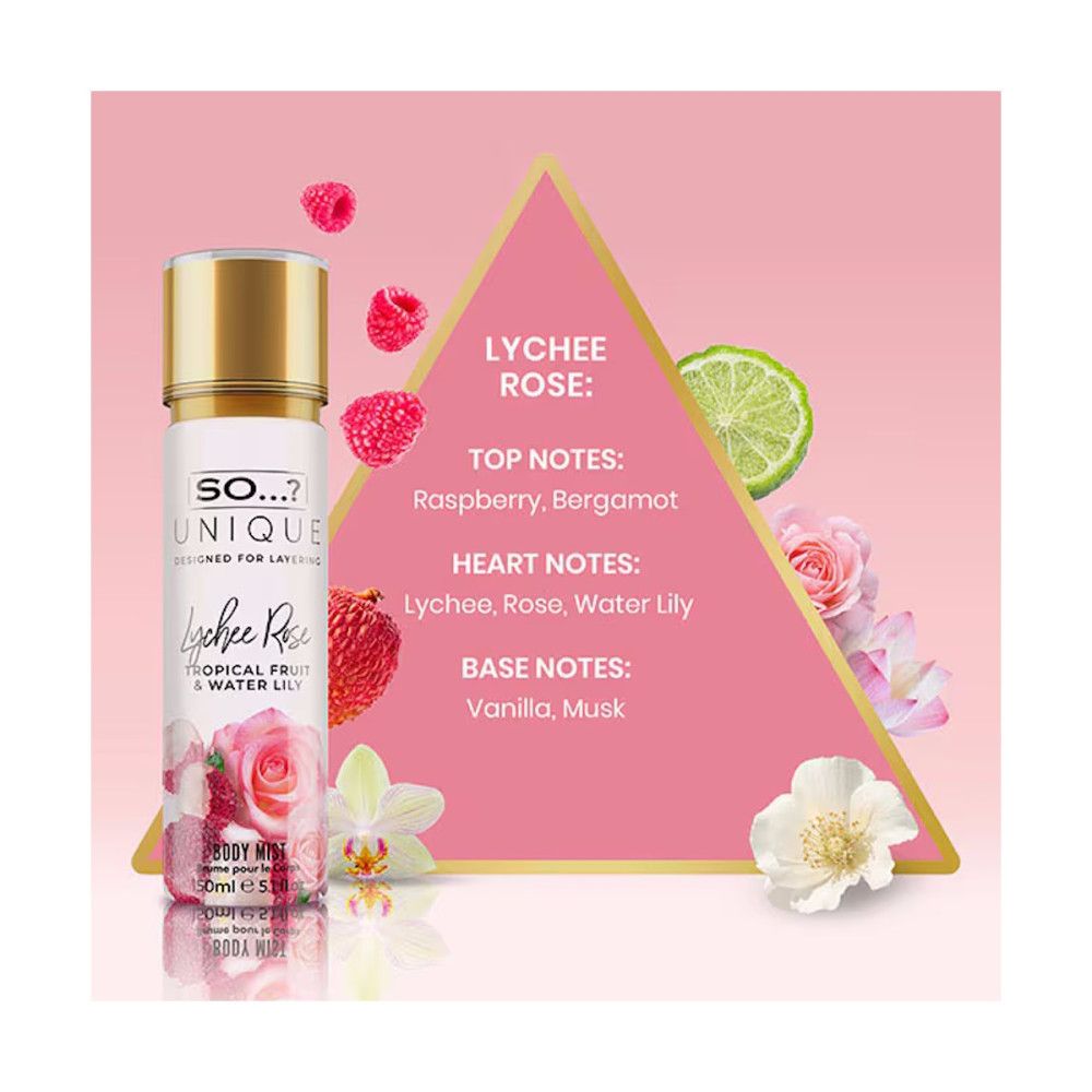 Body mist spray met gouden dop. Opschrift: So...? Unique, Lychee Rose. Ingrediënten en fruit afgebeeld.