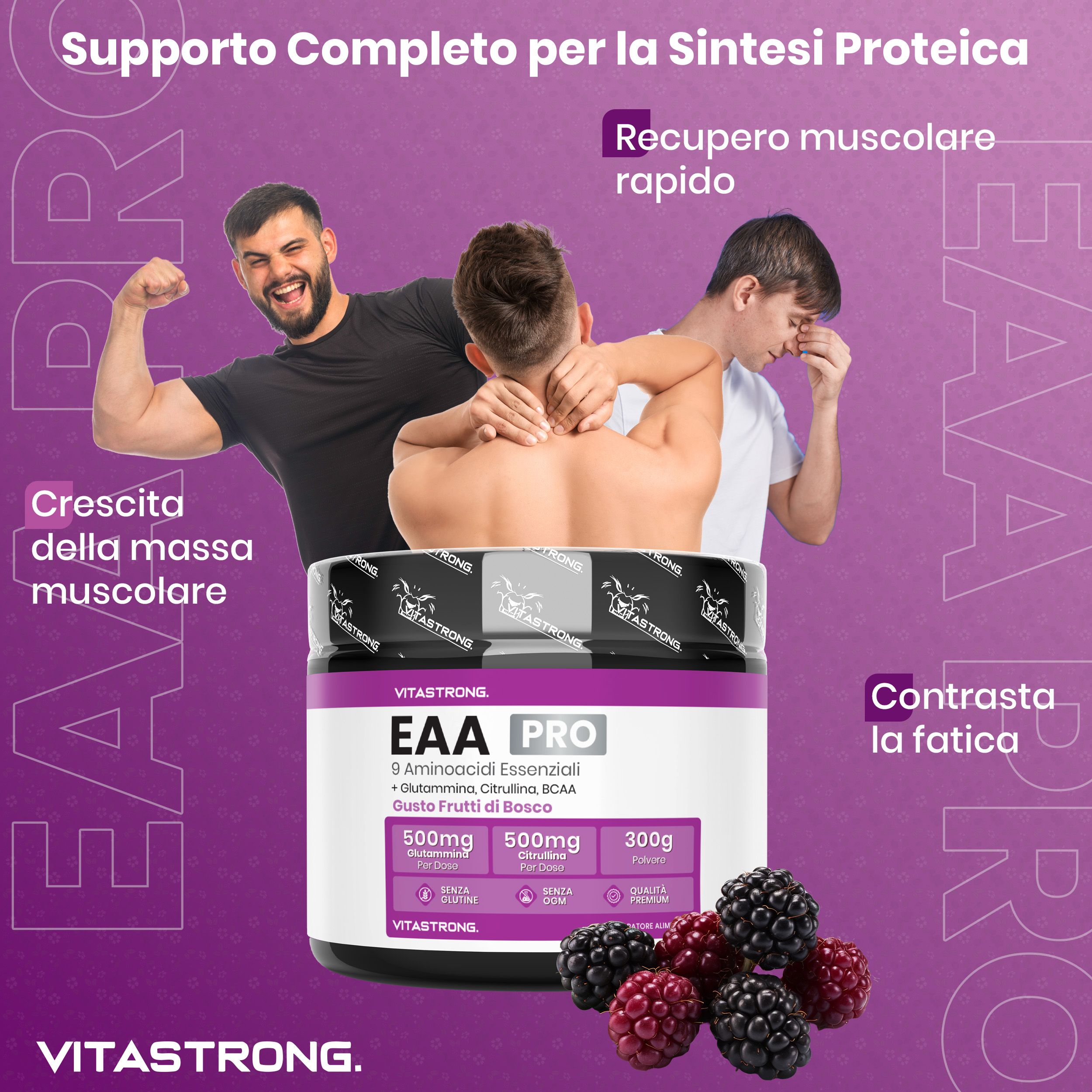 Vitastrong EAA Pro, pot et mûres. Croissance musculaire, récupération rapide, moins de fatigue. 9 acides aminés, BCAA, glutamine.