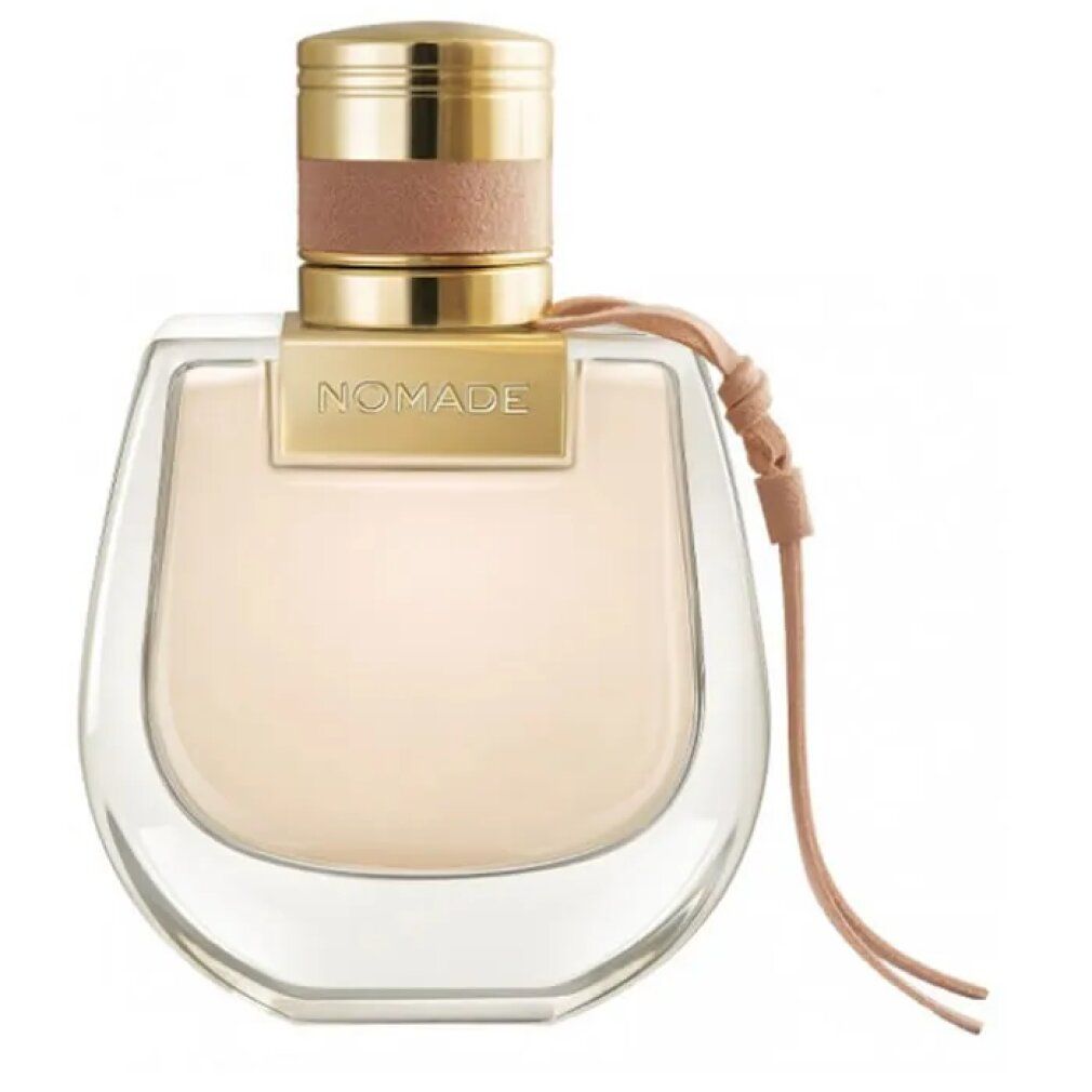 Flacon de parfum avec bouchon doré et lanière en cuir. Inscription : NOMADE.