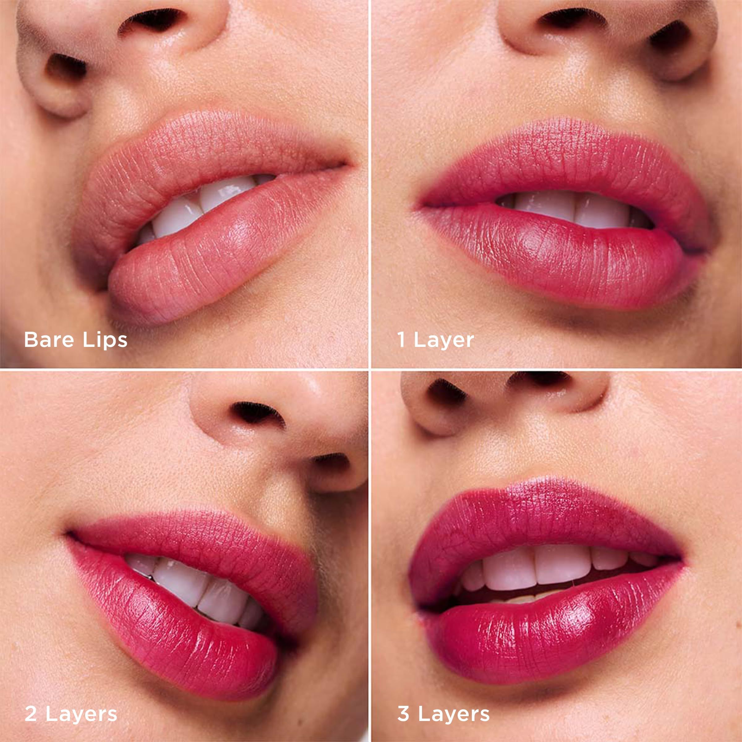 Vier lipweergaven. Bare Lips, 1 laag, 2 lagen, 3 lagen. Lippen in verschillende rode tinten.