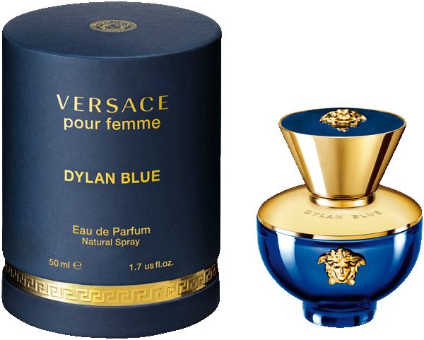 Flacon de parfum bleu et boîte cylindrique. Inscription: VERSACE pour femme, DYLAN BLUE. Détails dorés. 50ml.