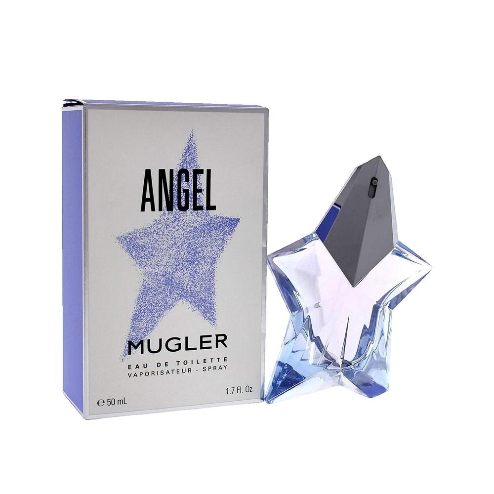 Fles en verpakking van Angel Eau de Toilette. De fles is stervormig en transparant. De verpakking is wit.