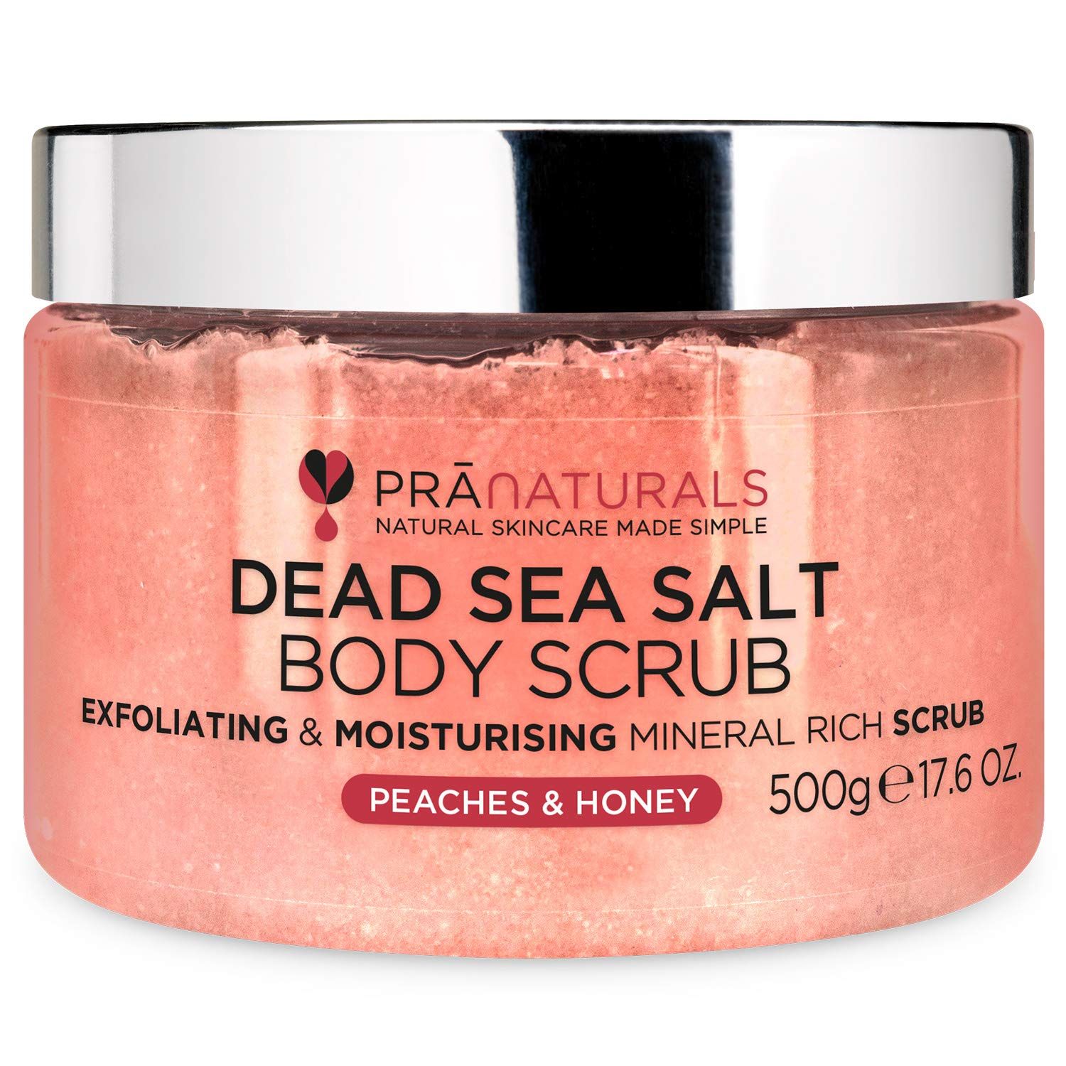 Ronde pot bodyscrub. Opschrift: Dead Sea Salt Body Scrub, Peaches & Honey. 500g/17.6 oz. Zilverkleurige deksel.