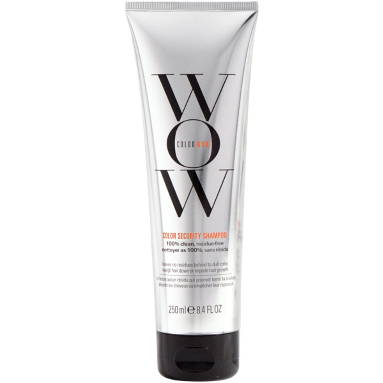Zilveren tube met zwarte dop. Opschrift "WOW" en "COLOR WOW". Productnaam "Color Security Shampoo".