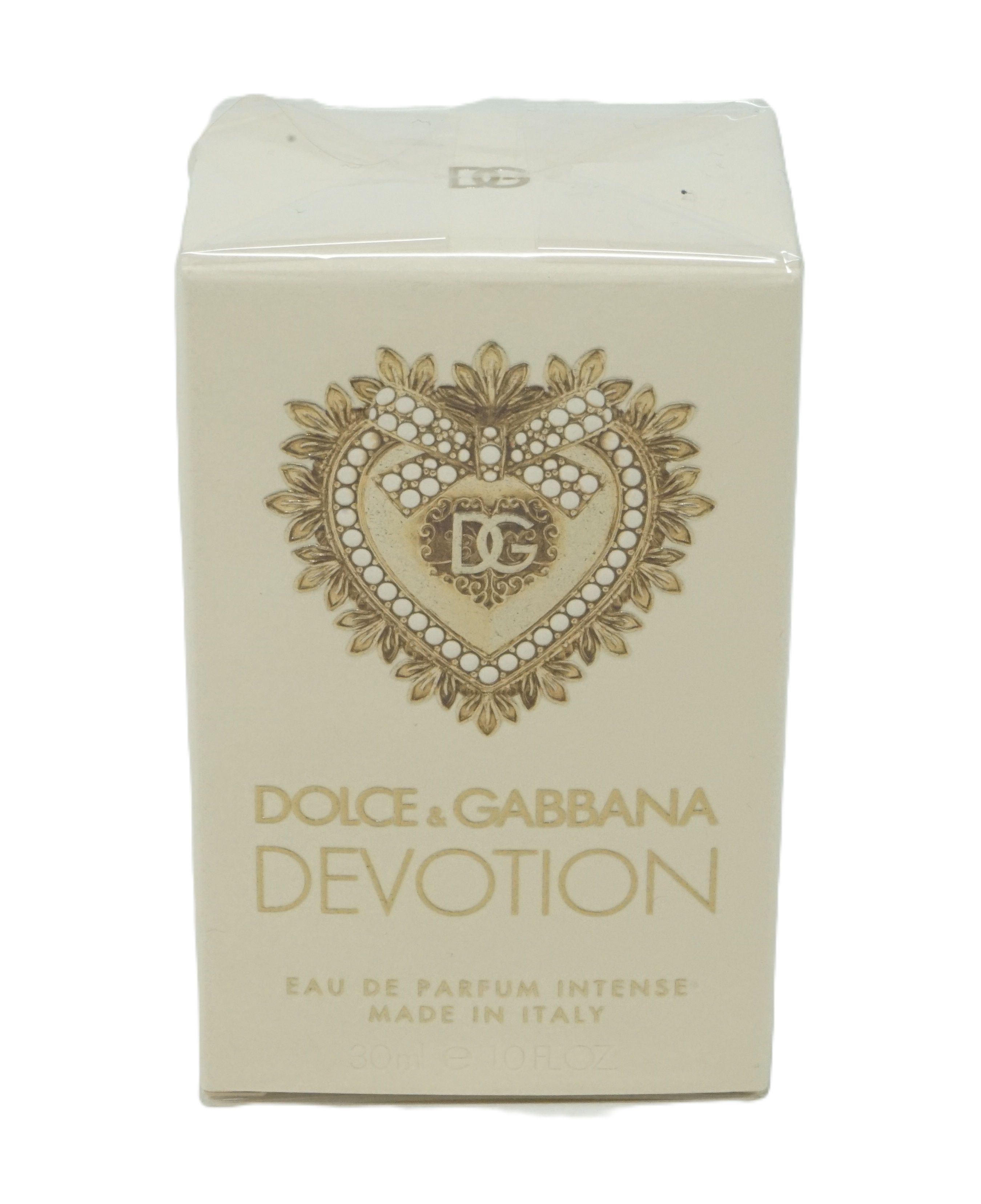 Parfumverpakking. Opschrift: Dolce & Gabbana Devotion Eau de Parfum Intense. Hartdecoratie. Made in Italy.