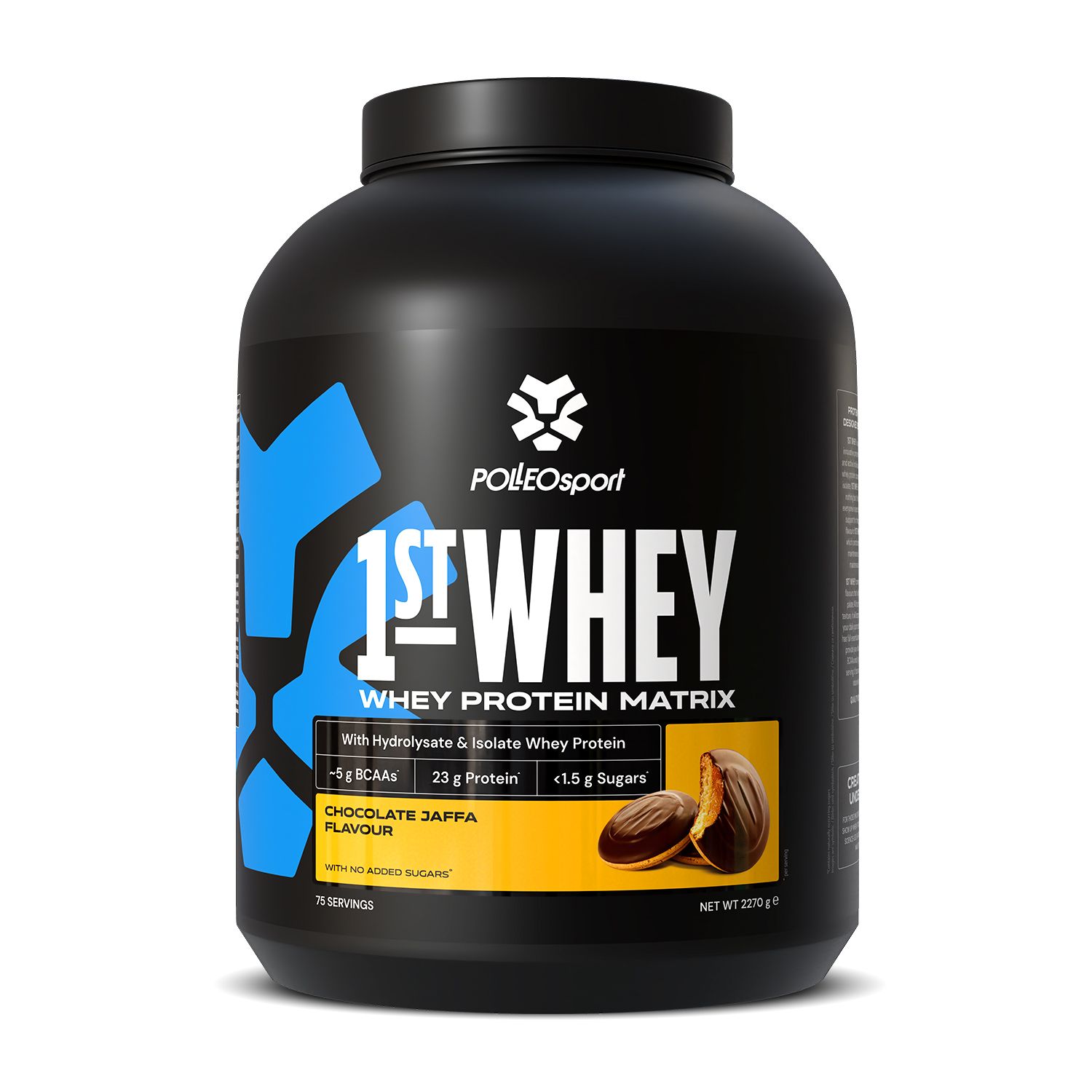 Contenant noir de PolleoSport 1st Whey Protein Matrix, saveur chocolat Jaffa.