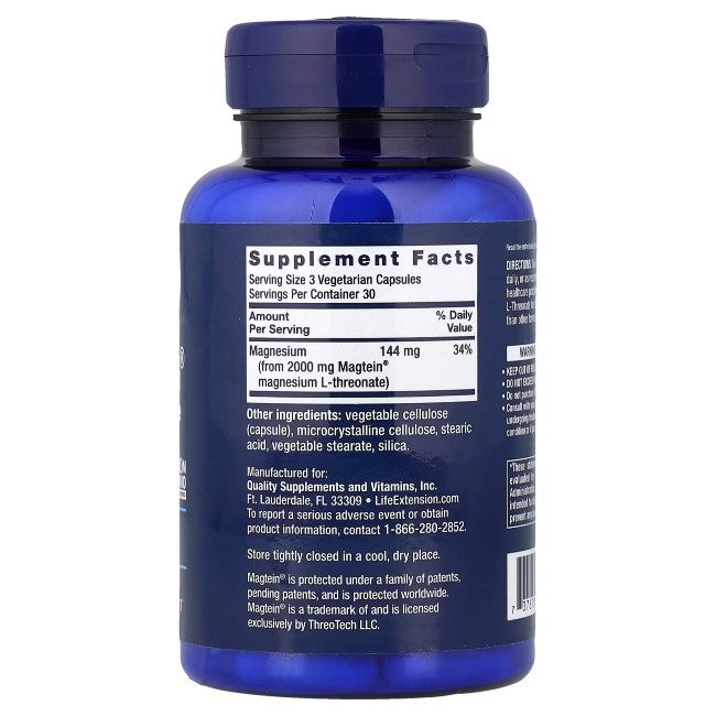 Achterkant van de Life Extension Neuro-Mag Magnesium-L-Threonaat fles met voedingsfeiten.