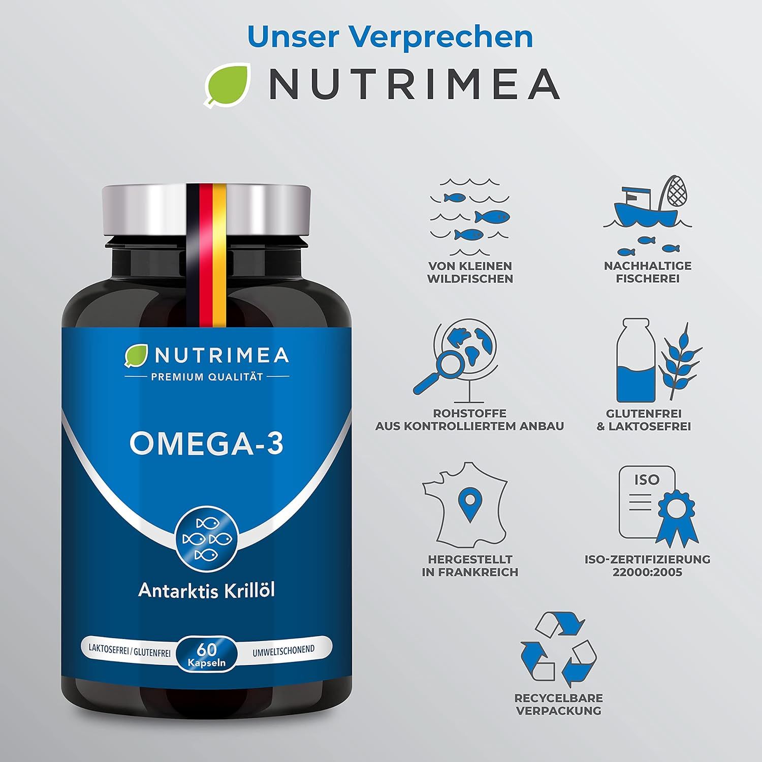 Blauwe infographic met fles Omega-3 capsules. Tekst en iconen over ingrediënten, visserij, certificering.