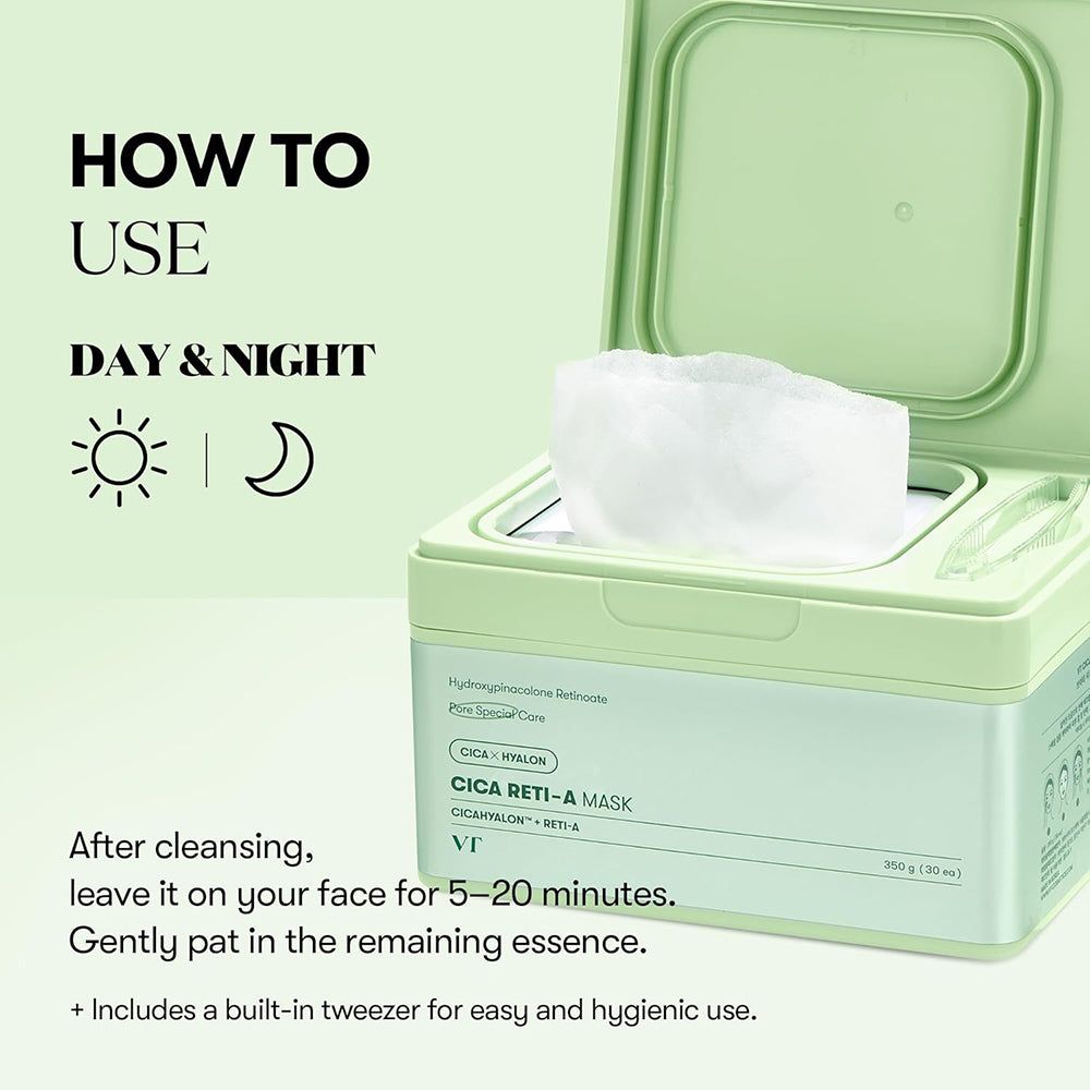 Emballage vert avec masques. Texte : CICA RETI-A MASK. Utilisation : Jour & Nuit. Laisser agir 5-20 minutes après le nettoyage.